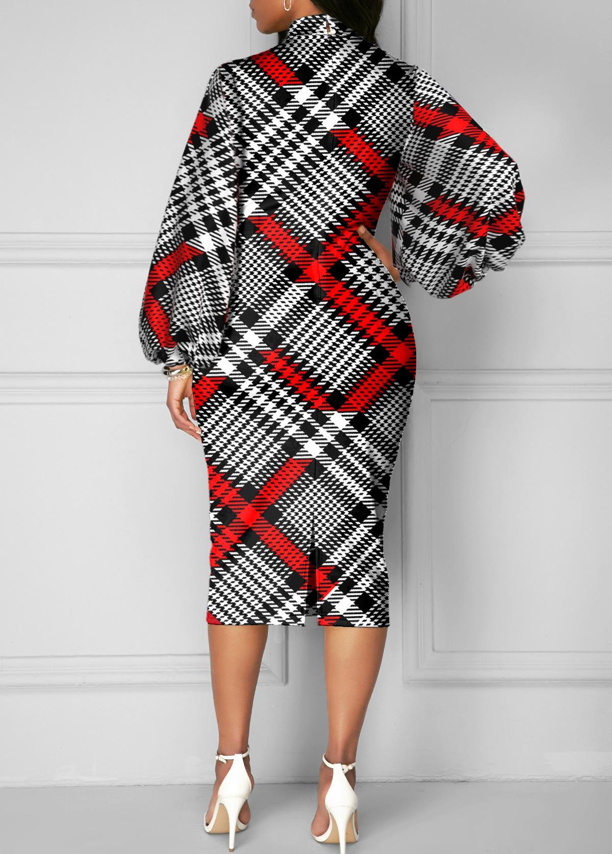 Red dresses,Houndstooth dresses,ROTITA Bowknot Houndstooth Print Red Turtleneck Dress