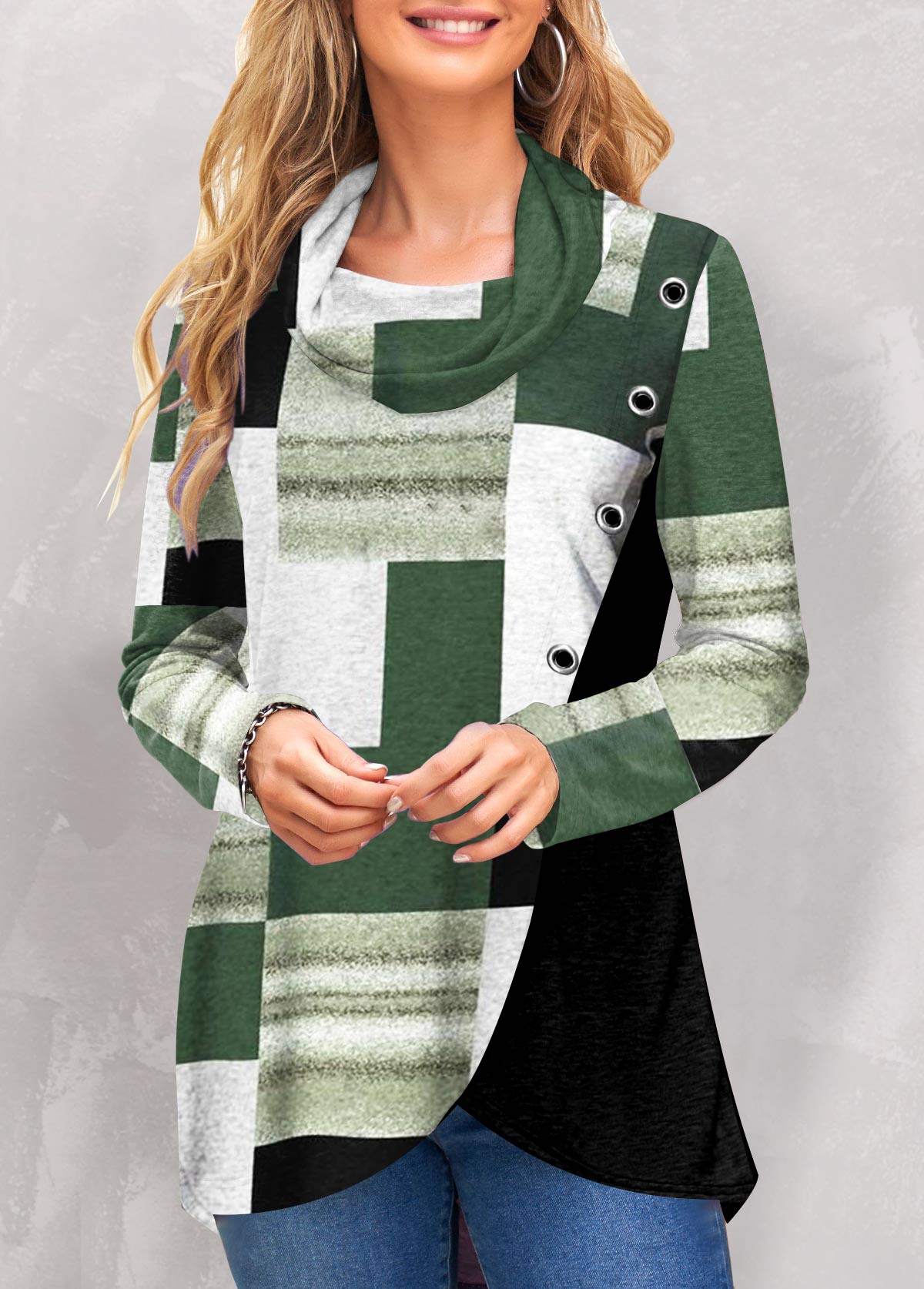 Green tops,Geometric tops,ROTITA Patchwork Geometric Print Green Cowl Neck Sweatshirt