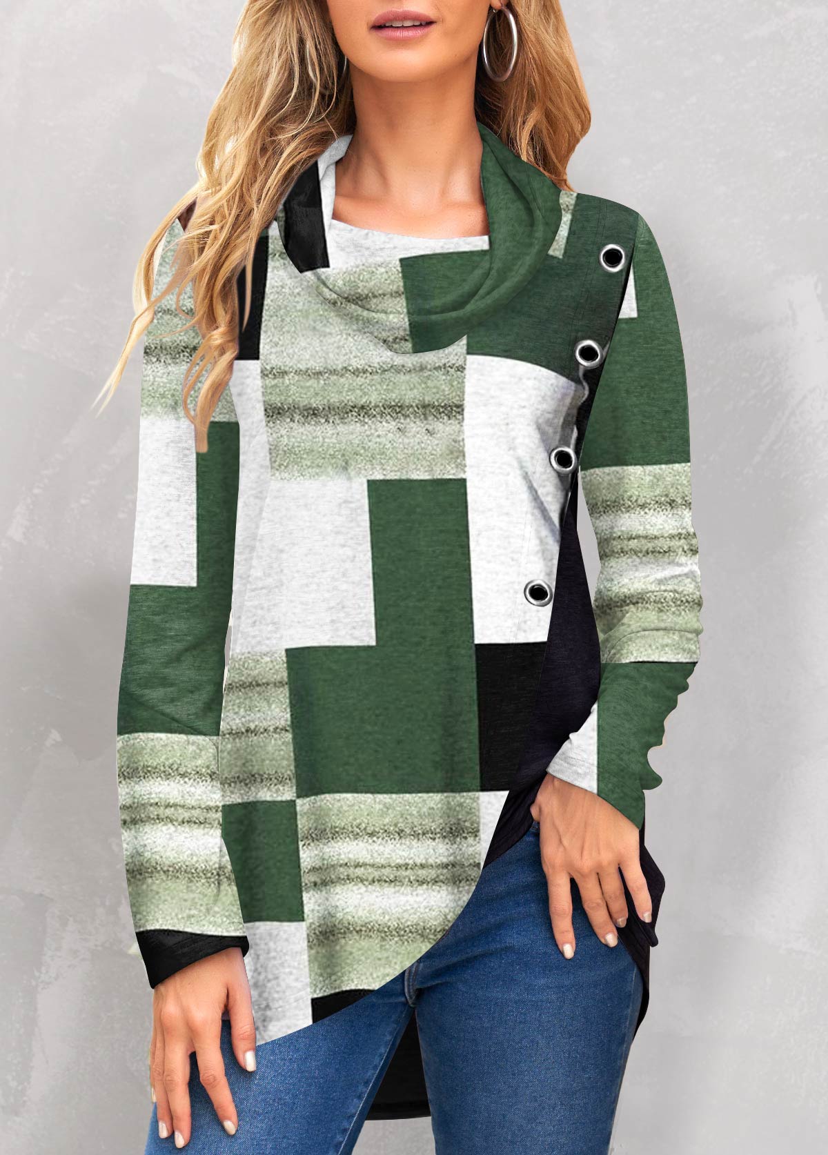 Green tops,Geometric tops,ROTITA Patchwork Geometric Print Green Cowl Neck Sweatshirt