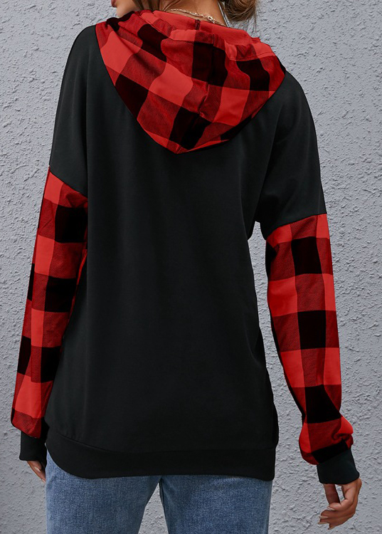Black tops,Plaid tops,Geometric tops,Pocket Plaid Black Long Sleeve Hoodie