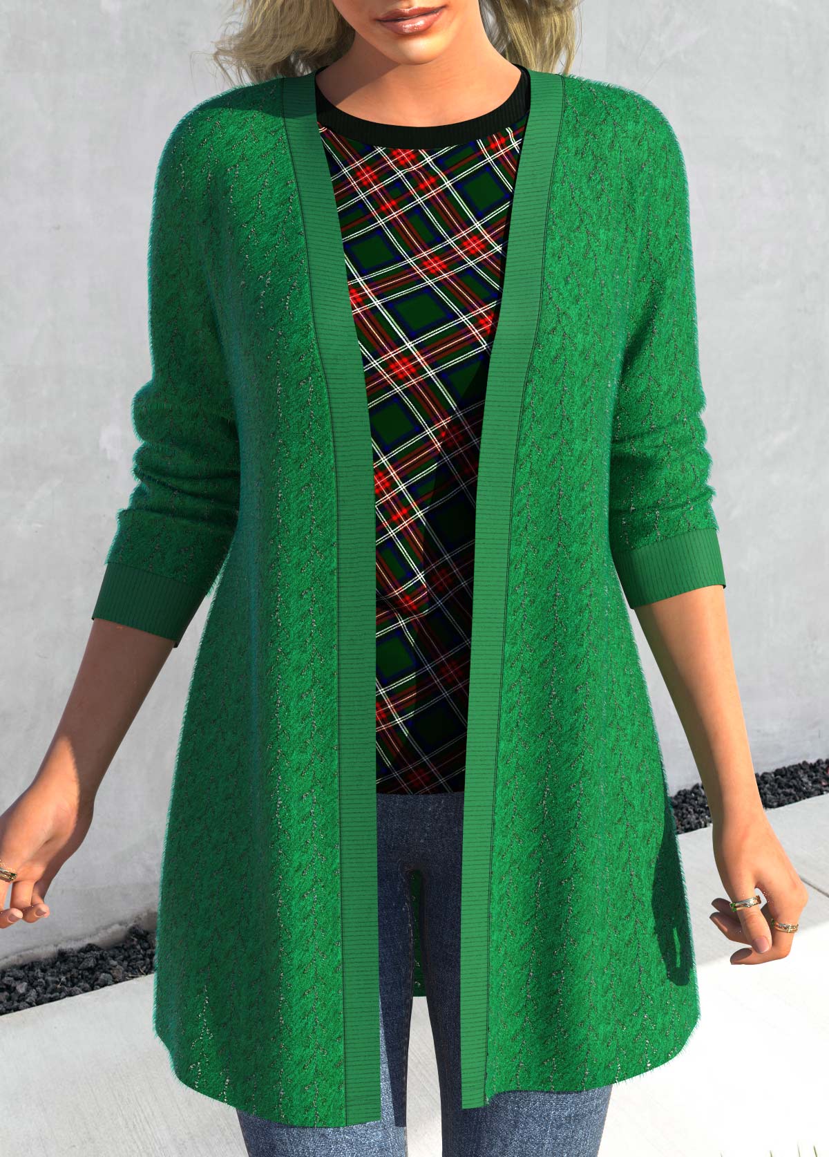 ROTITA Lace Green Long Sleeve Open Front Coat