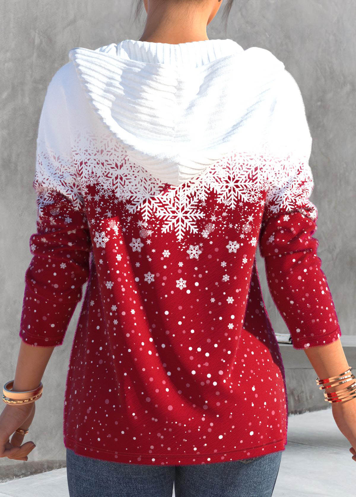 Red plus size,Christmas plus size,ROTITA Plus Size Zipper Christmas Snowflake Print Red Long Sleeve Hoodie