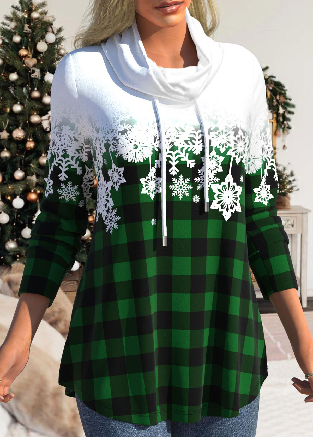 Green plus size,Ombre plus size,Christmas plus size,Plaid plus size,ROTITA Plus Size Drawstring Snowflake Print Green Cowl Neck Sweatshirt