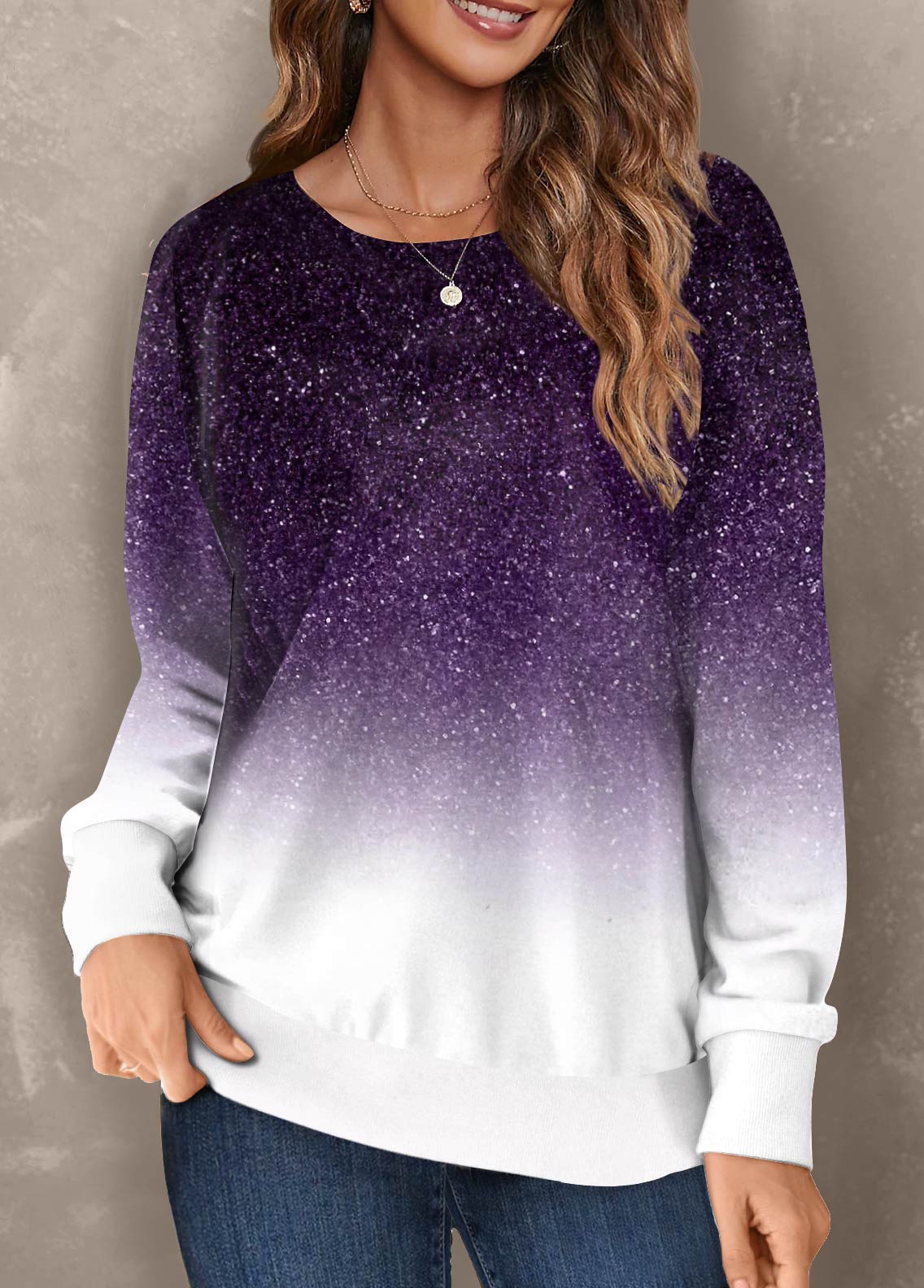 Purple plus size,Ombre plus size,ROTITA Plus Size Purple Ombre Round Neck Sweatshirt