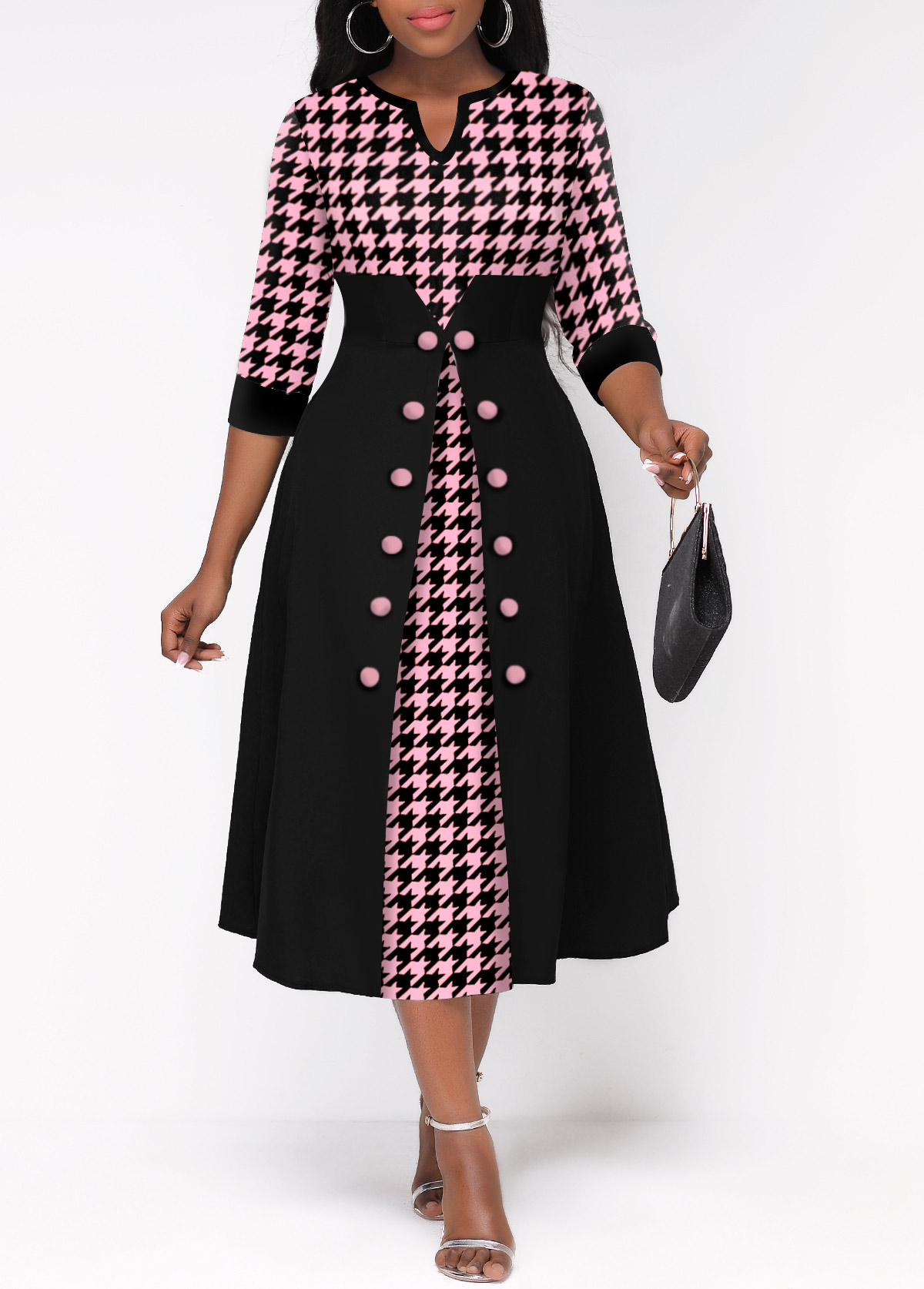 ROTITA Houndstooth Print Pink Faux Two Piece Dress