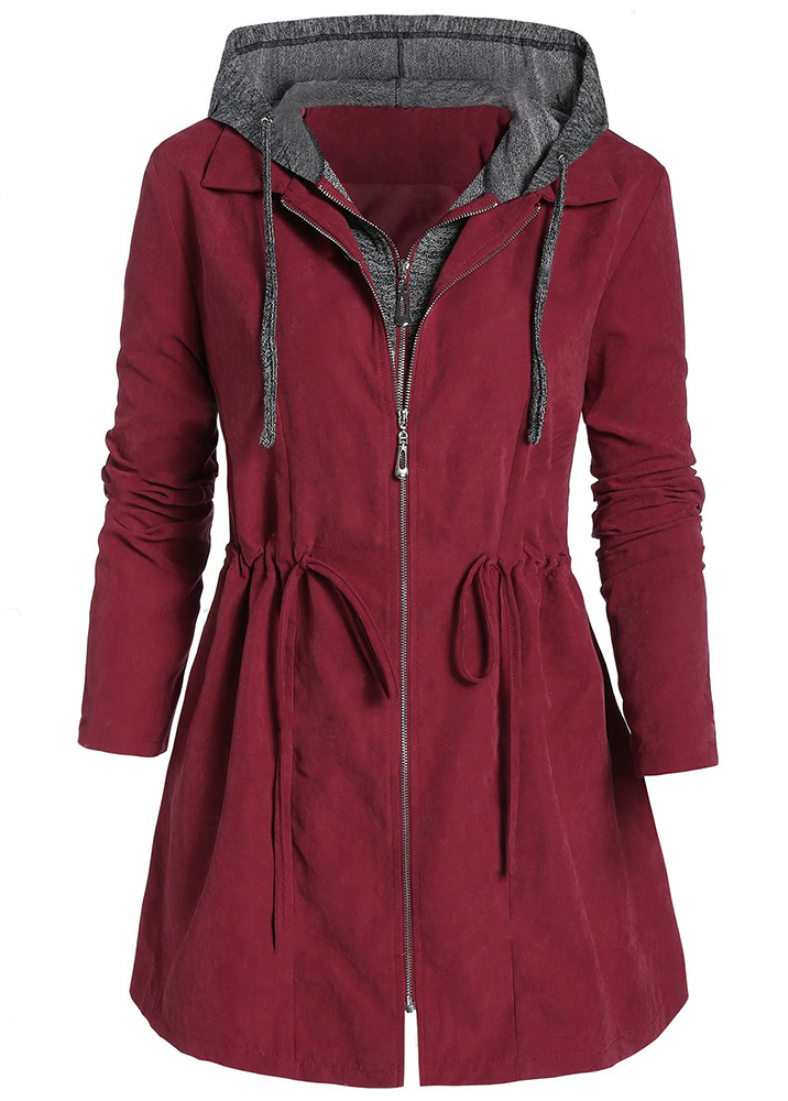 Plus Size Drawstring Wine Red Hooded Coat