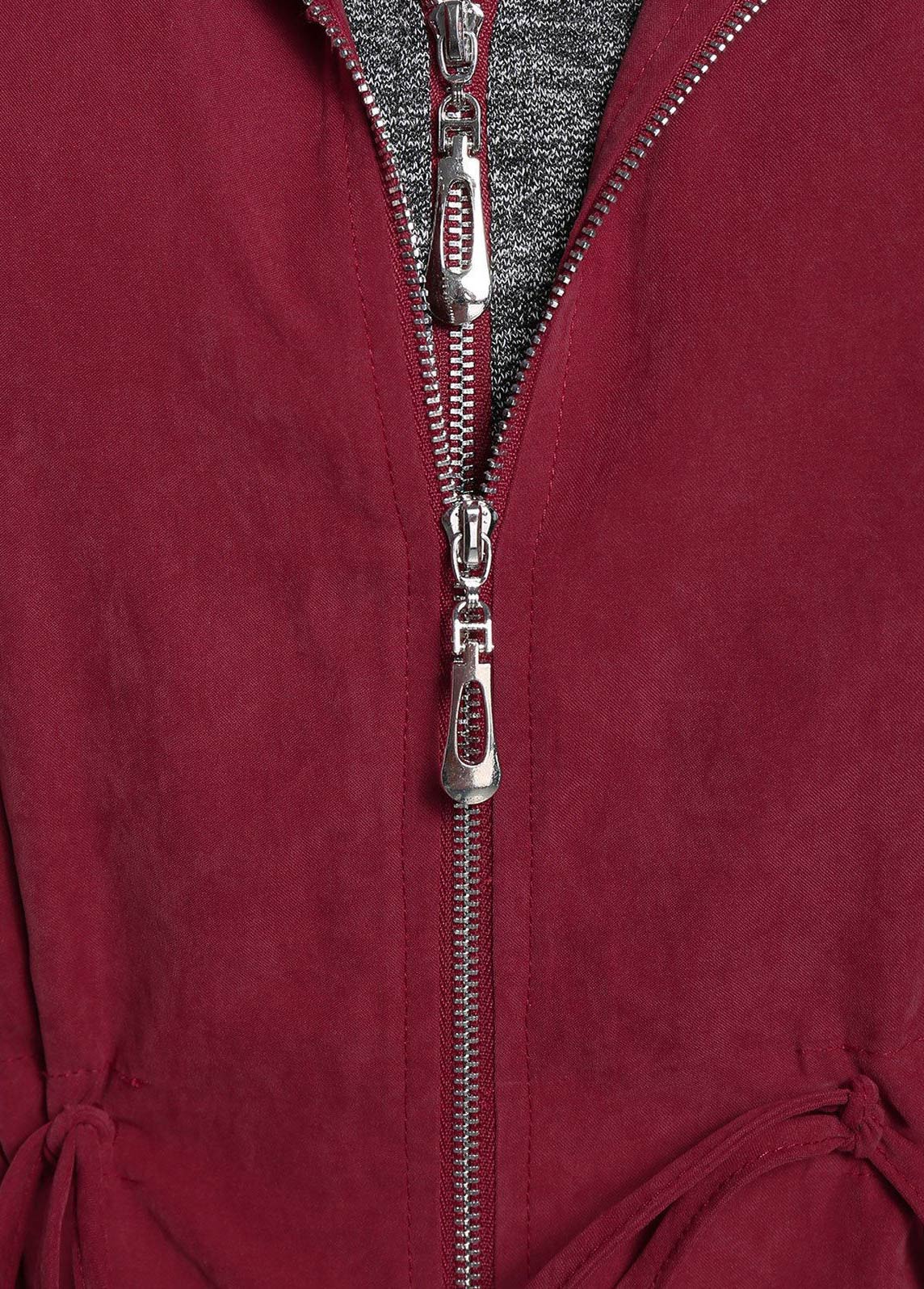Wine Red plus size,Contrast Color plus size,Plus Size Drawstring Wine Red Hooded Coat