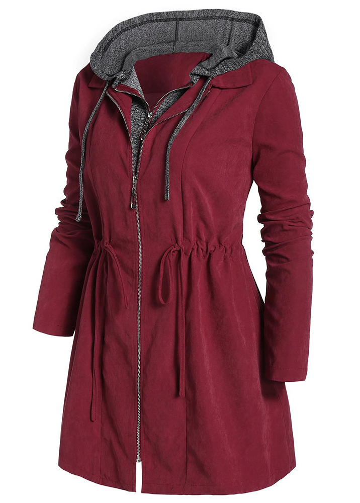 Wine Red plus size,Contrast Color plus size,Plus Size Drawstring Wine Red Hooded Coat