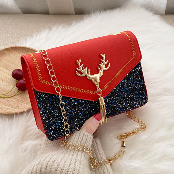Red Sequined Faux Leather Magnetic Crossbody Bag