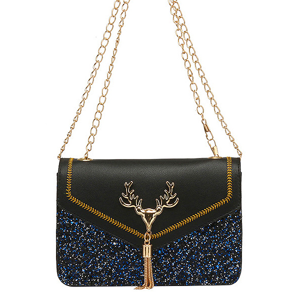 Black Sequined Faux Leather Magnetic Crossbody Bag
