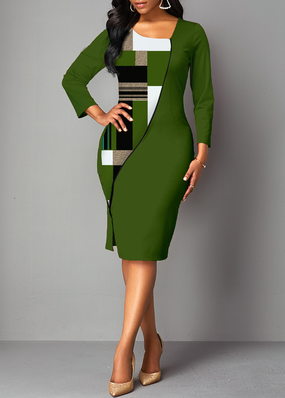 ROTITA Split Olive Green Geometric Print Bodycon Dress
