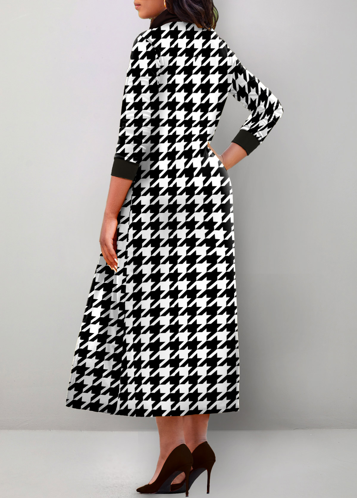 Black dresses,White dresses,Houndstooth dresses,ROTITA Fake 2in1 Houndstooth Print Black Dress