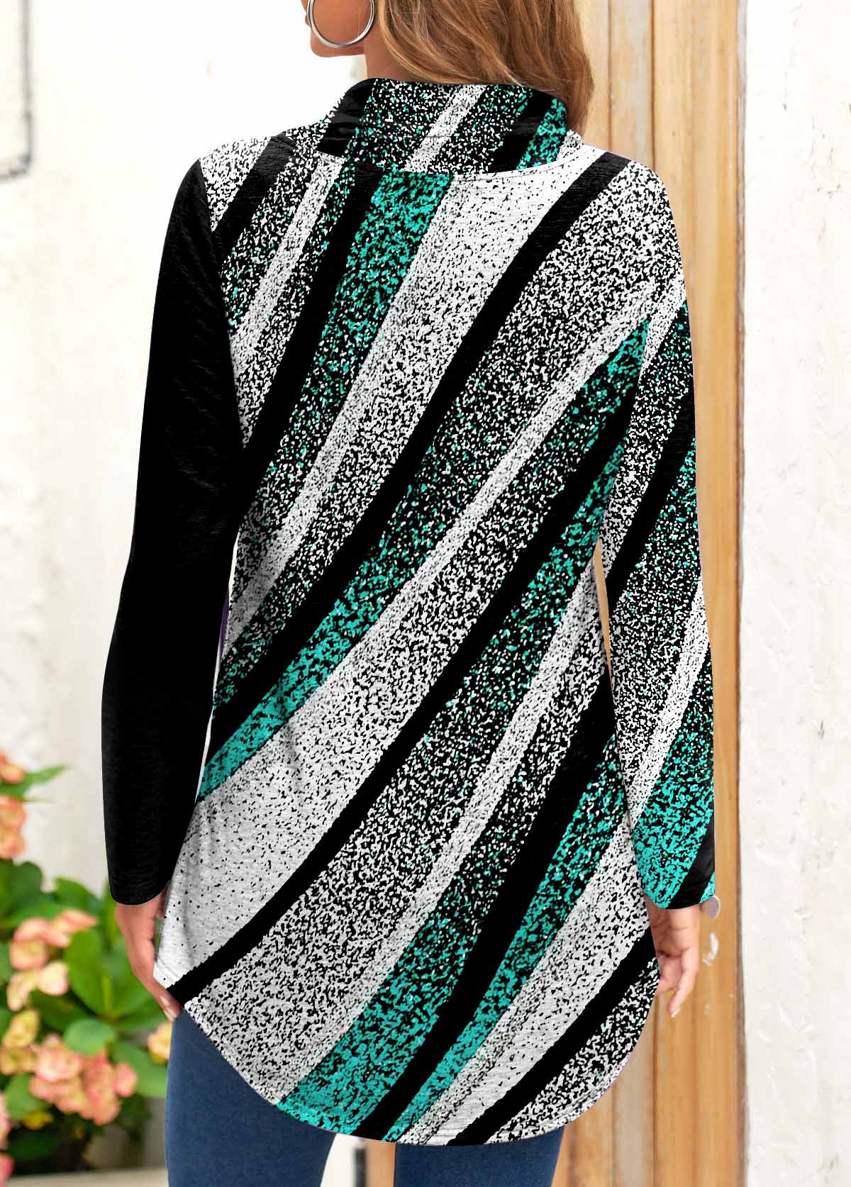 Green tops,Striped tops,Geometric tops,ROTITA Patchwork Geometric Print Green Cowl Neck Sweatshirt