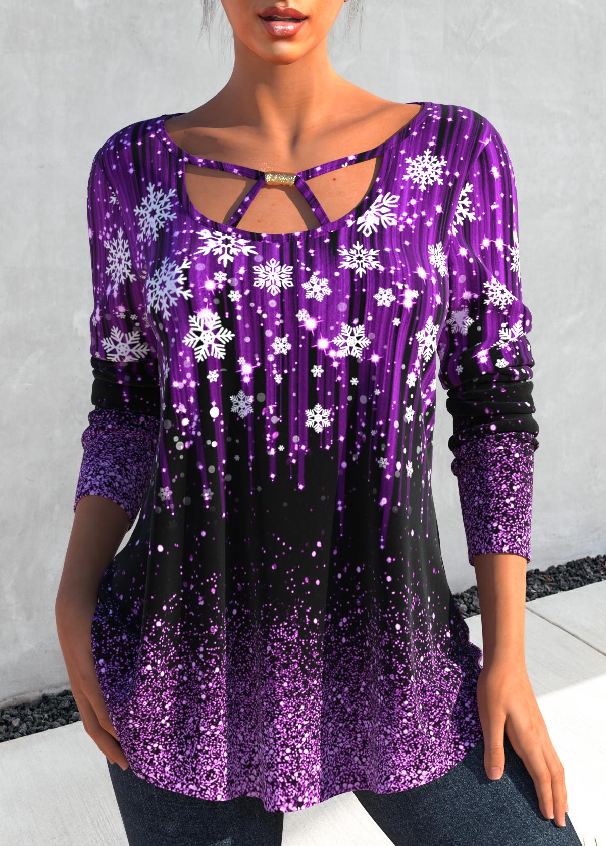 Violet tops,Ombre tops,Christmas tops,Dot tops,ROTITA Cut Out Snowflake Print Violet T Shirt