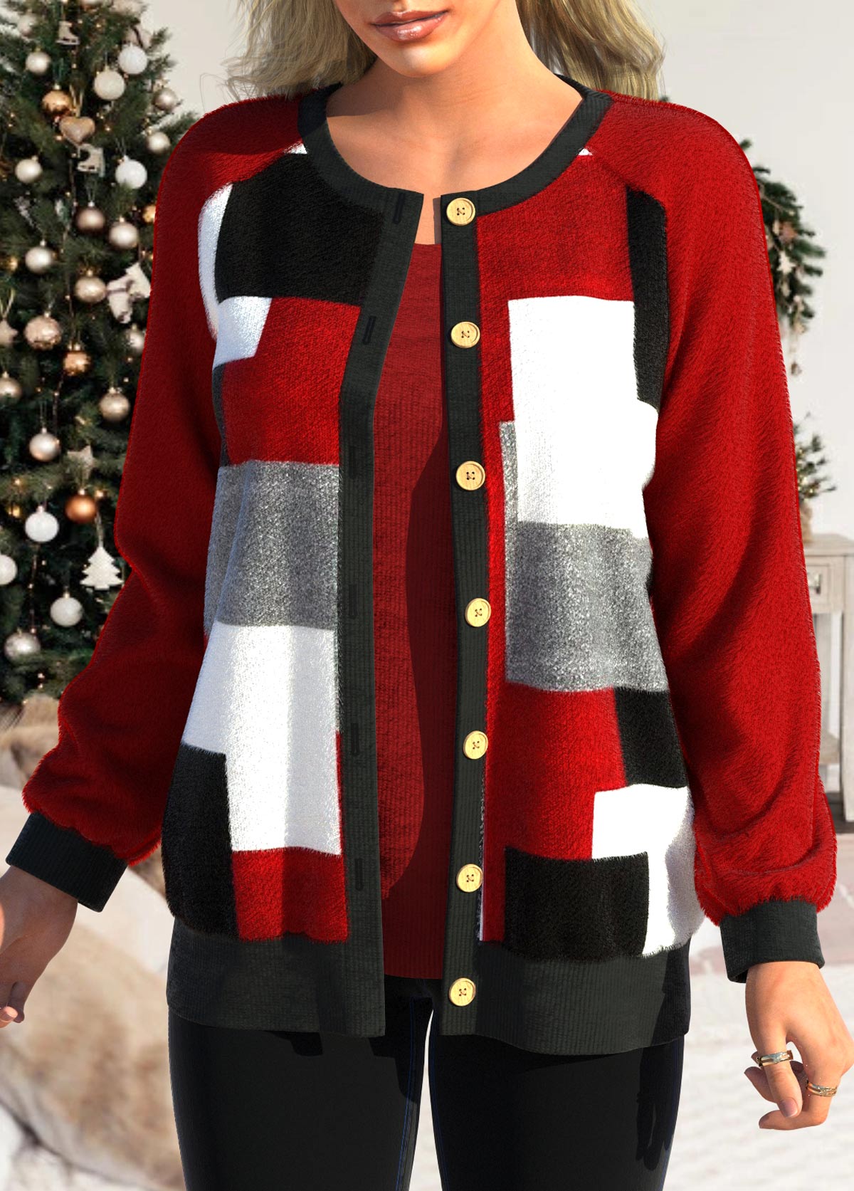 Red tops,Contrast Color tops,Geometric tops,ROTITA Button Up Red Patchwork Long Sleeve Cardigan