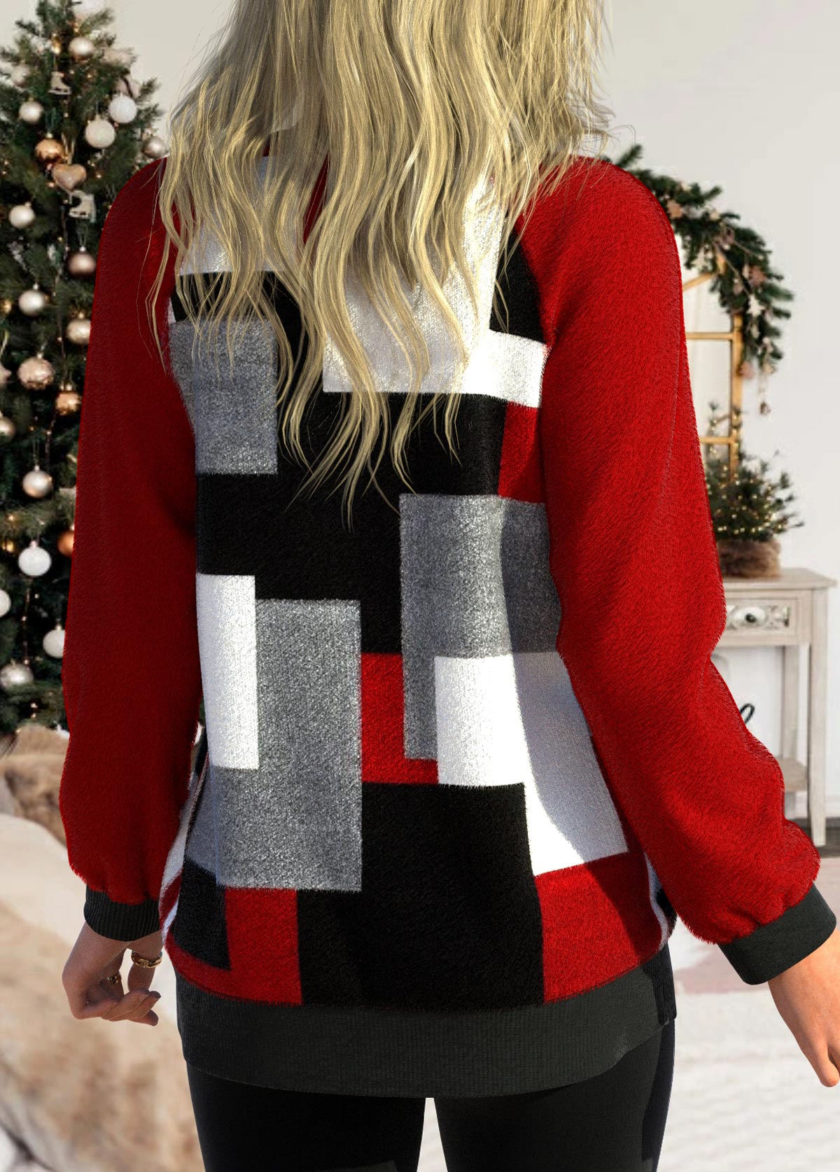 Red tops,Contrast Color tops,Geometric tops,ROTITA Button Up Red Patchwork Long Sleeve Cardigan