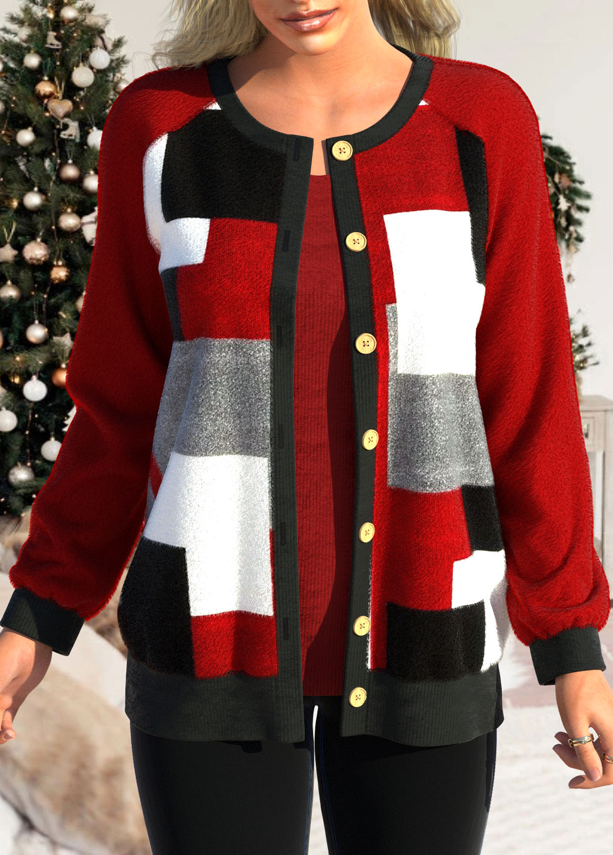 Red tops,Contrast Color tops,Geometric tops,ROTITA Button Up Red Patchwork Long Sleeve Cardigan