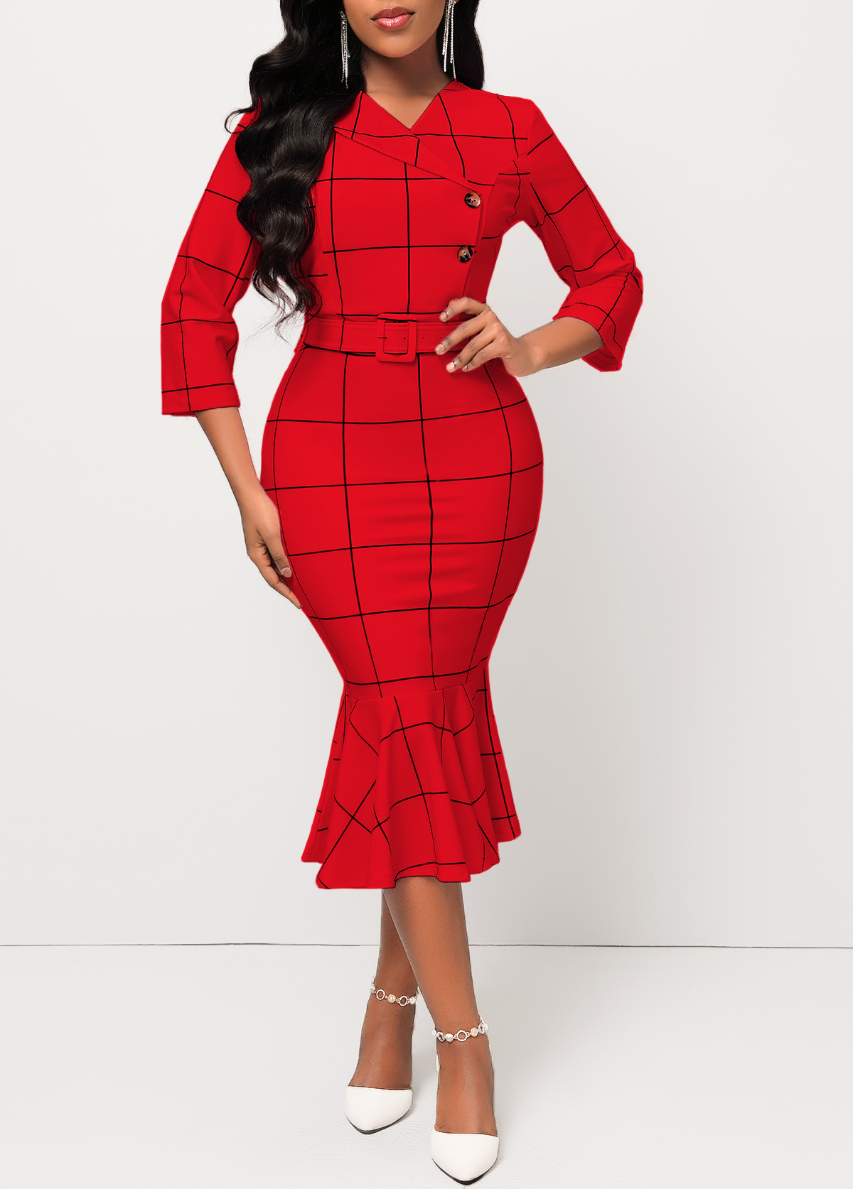 ROTITA Red Plaid Button Belted Mermaid Dress