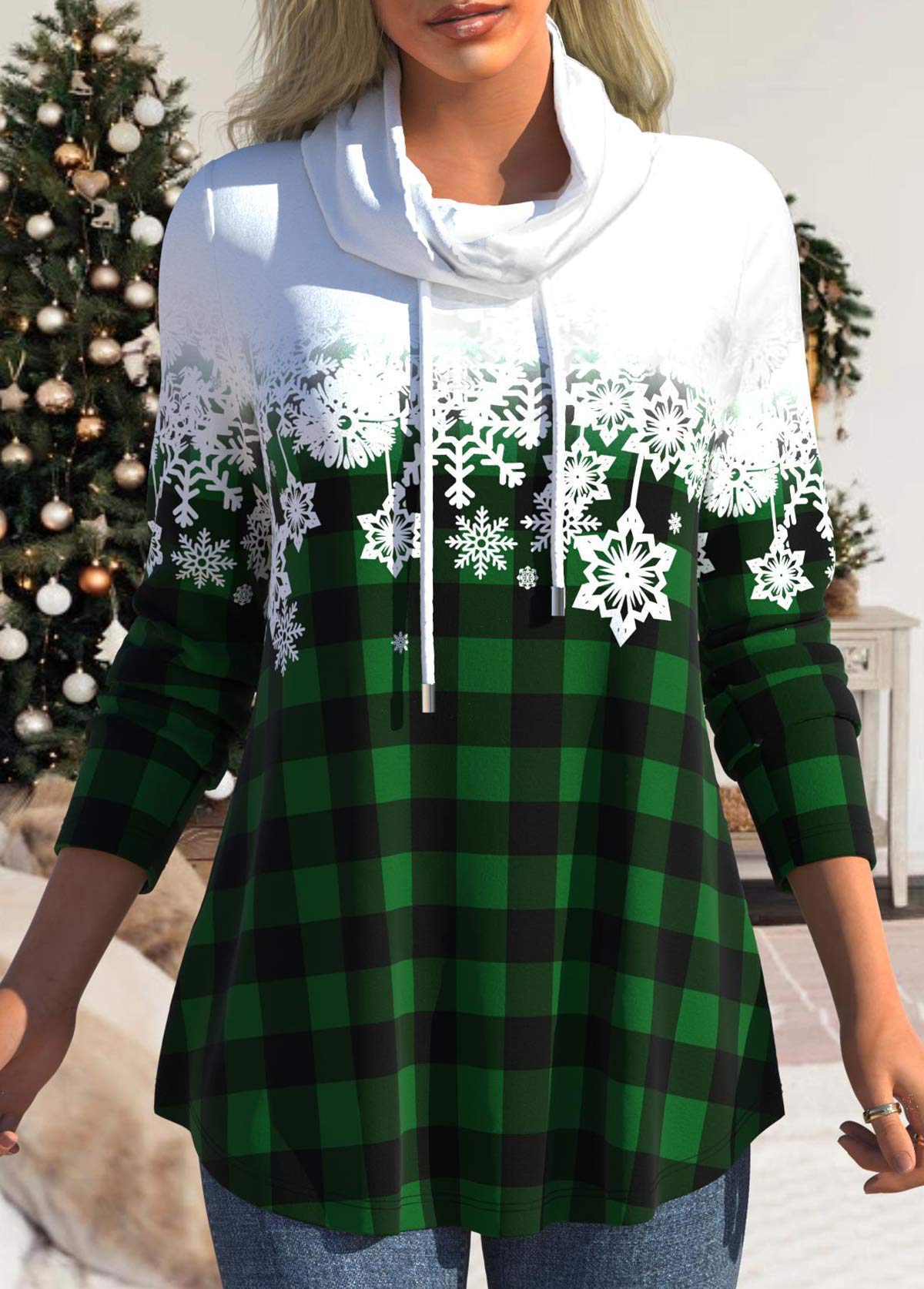 Green plus size,Ombre plus size,Christmas plus size,Plaid plus size,ROTITA Plus Size Drawstring Snowflake Print Green Cowl Neck Sweatshirt