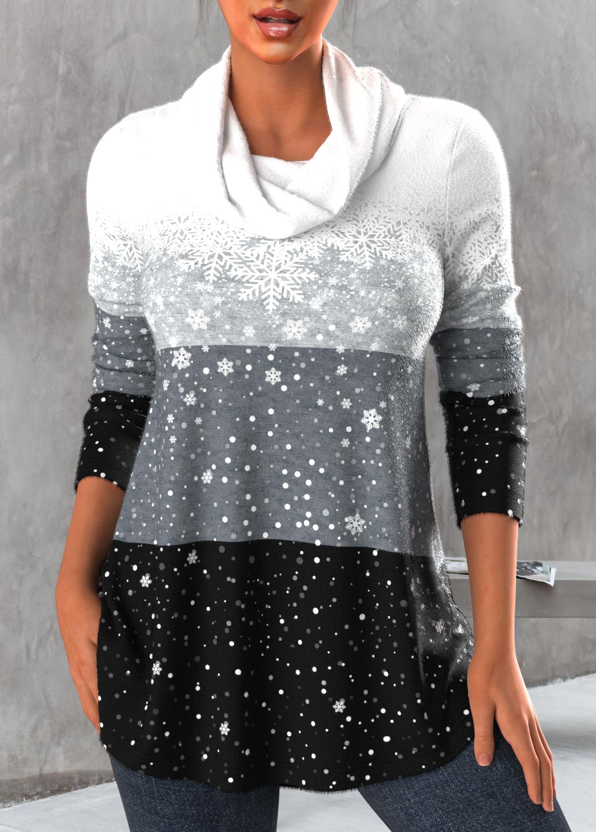 ROTITA Snowflake Print Grey Cowl Neck Long Sleeve Sweatshirt