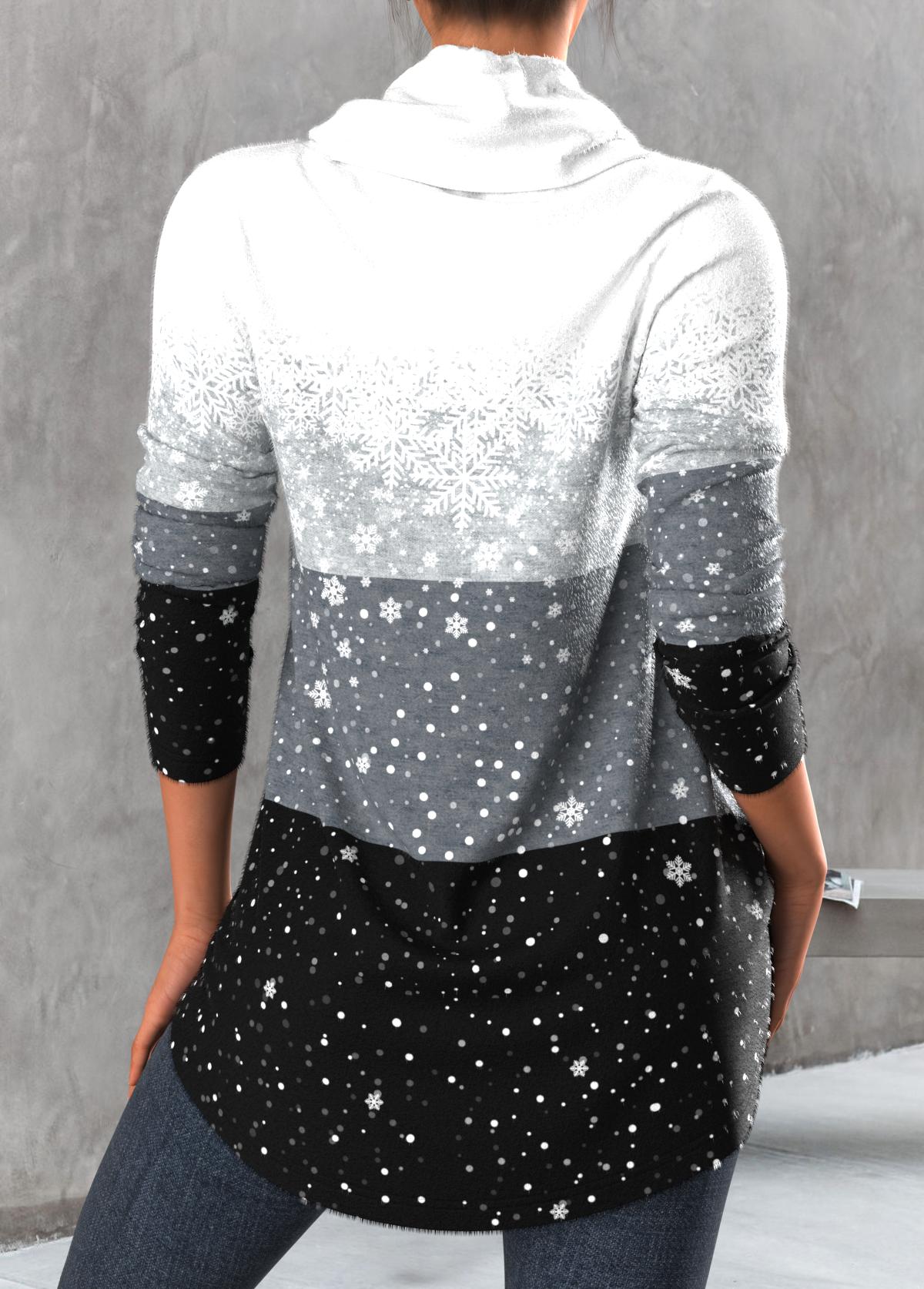 Grey tops,Ombre tops,Dot tops,Contrast Color tops,Geometric tops,ROTITA Snowflake Print Grey Cowl Neck Long Sleeve Sweatshirt