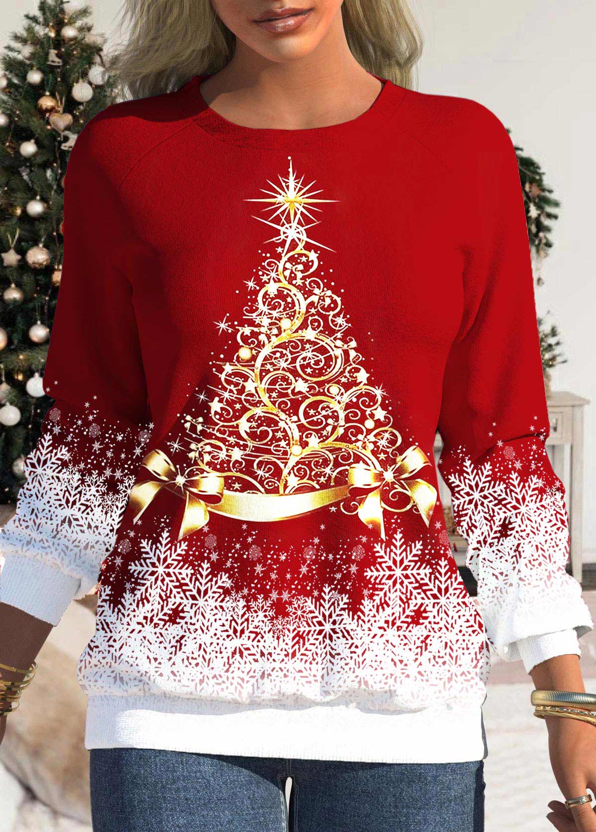 Red tops,Christmas tops,Ombre tops,ROTITA Christmas Tree Print Red Round Neck Sweatshirt