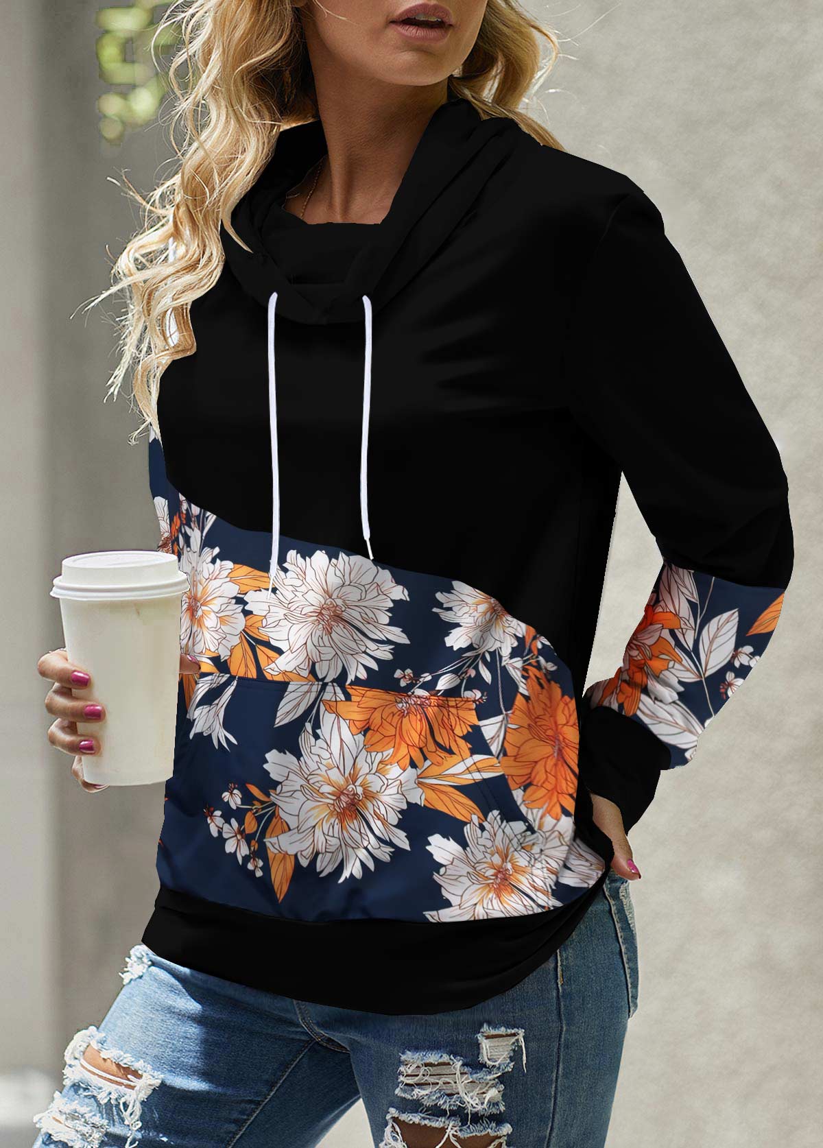 Black tops,Floral tops,Pocket Floral Print Black Cowl Neck Sweatshirt