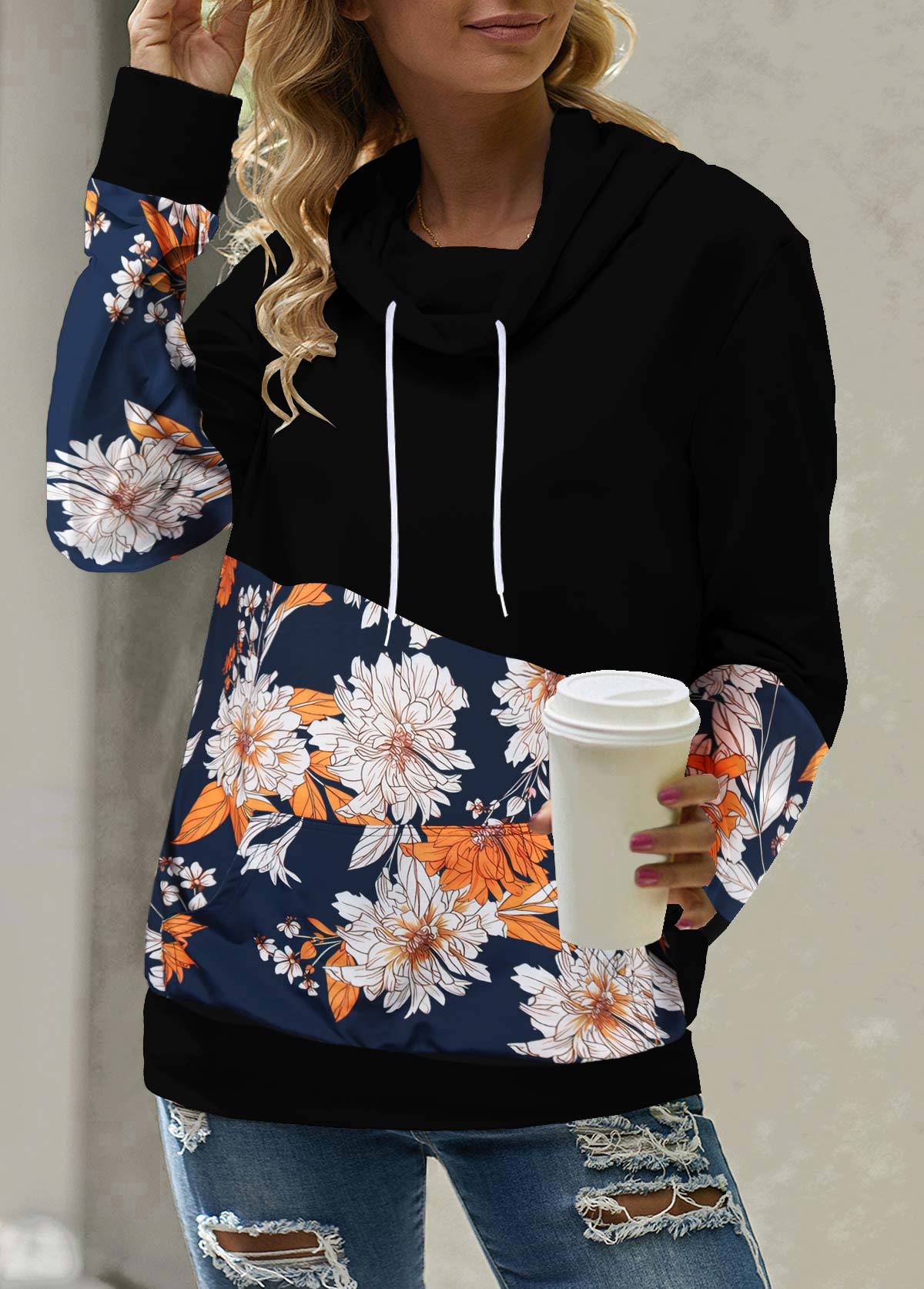 Black tops,Floral tops,Pocket Floral Print Black Cowl Neck Sweatshirt