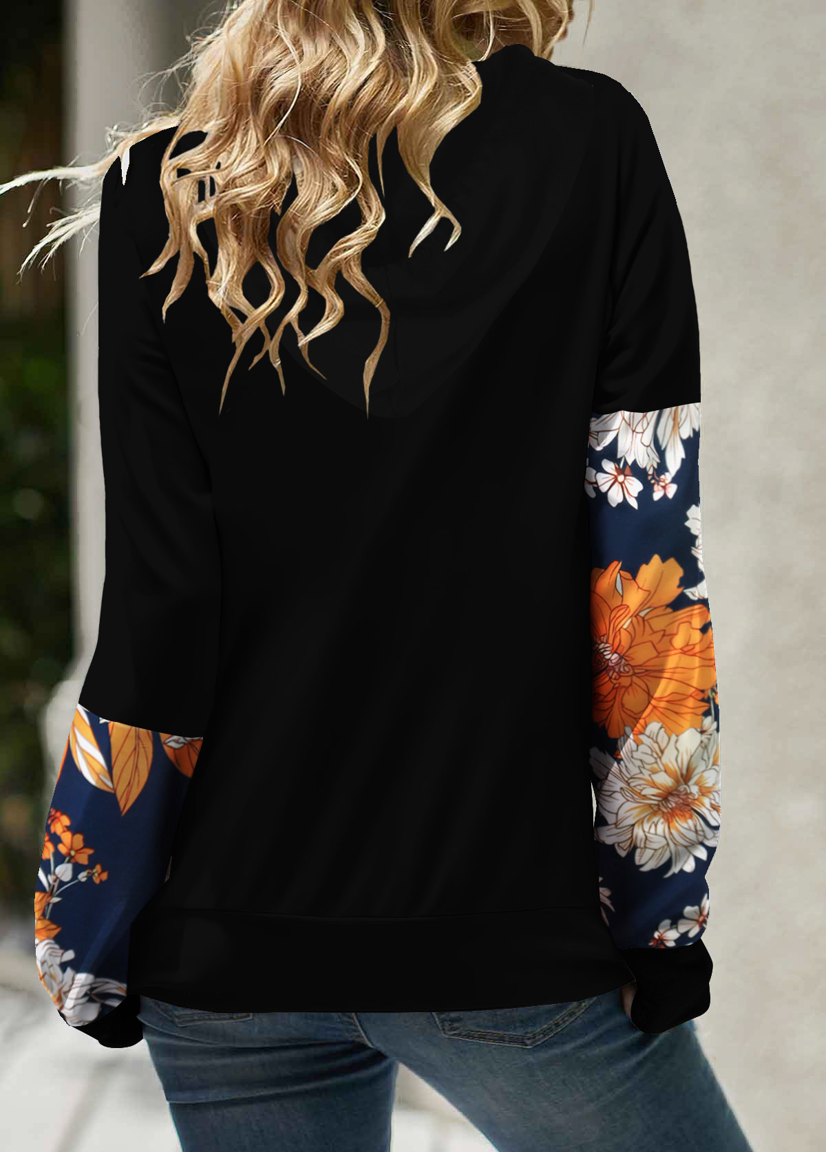 Black tops,Floral tops,Pocket Floral Print Black Cowl Neck Sweatshirt