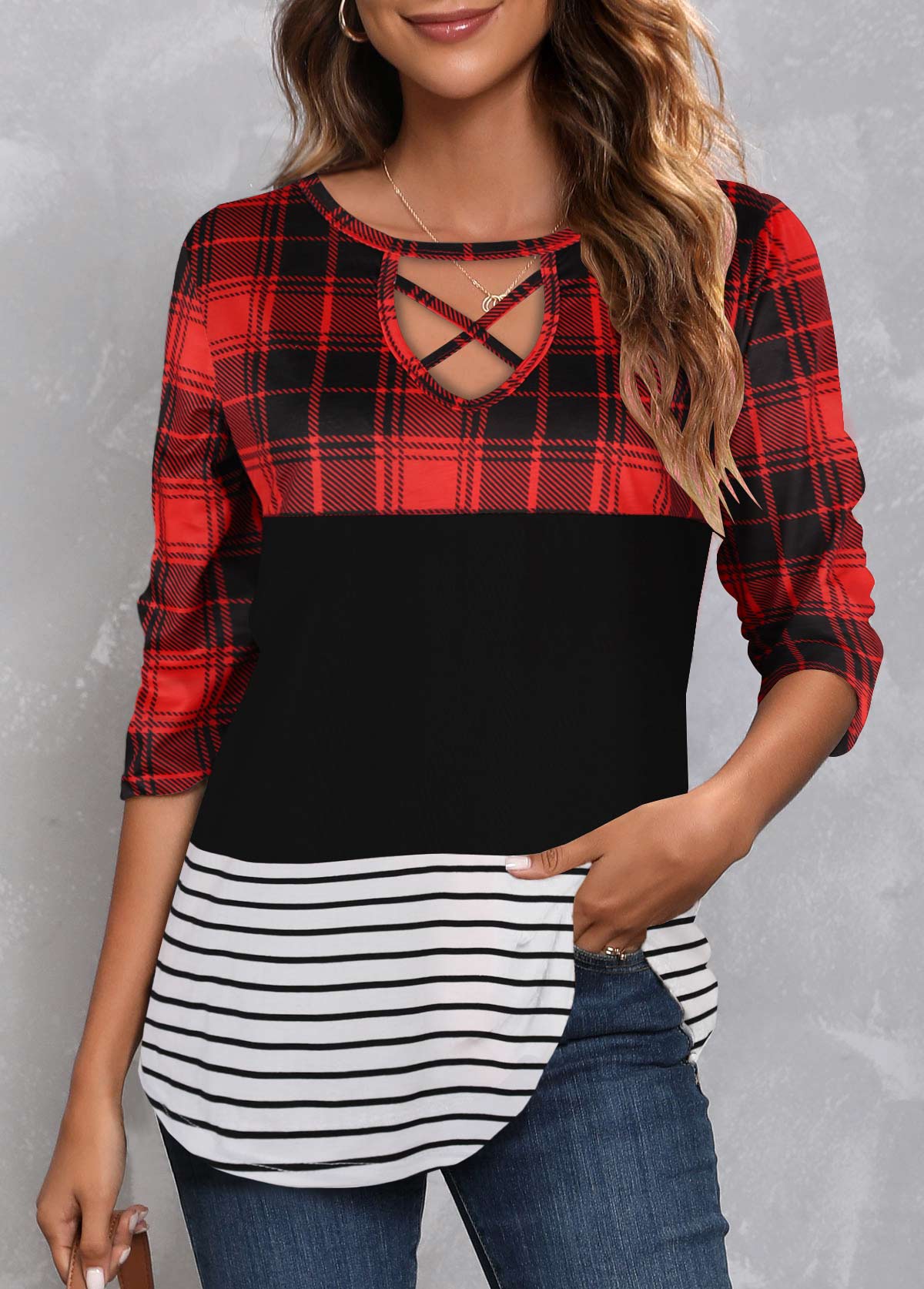 Red tops,Plaid tops,Striped tops,Patchwork Plaid Red Round Neck T Shirt