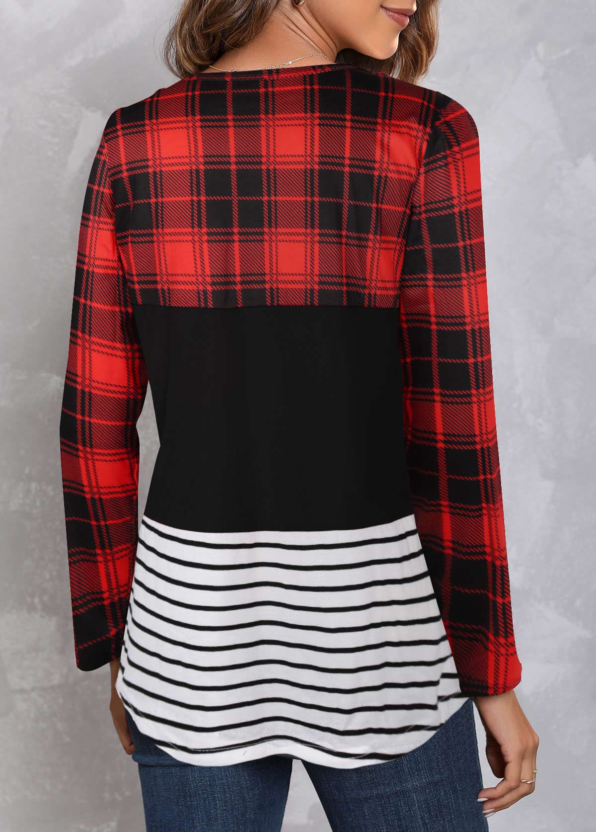 Red tops,Plaid tops,Striped tops,Patchwork Plaid Red Round Neck T Shirt