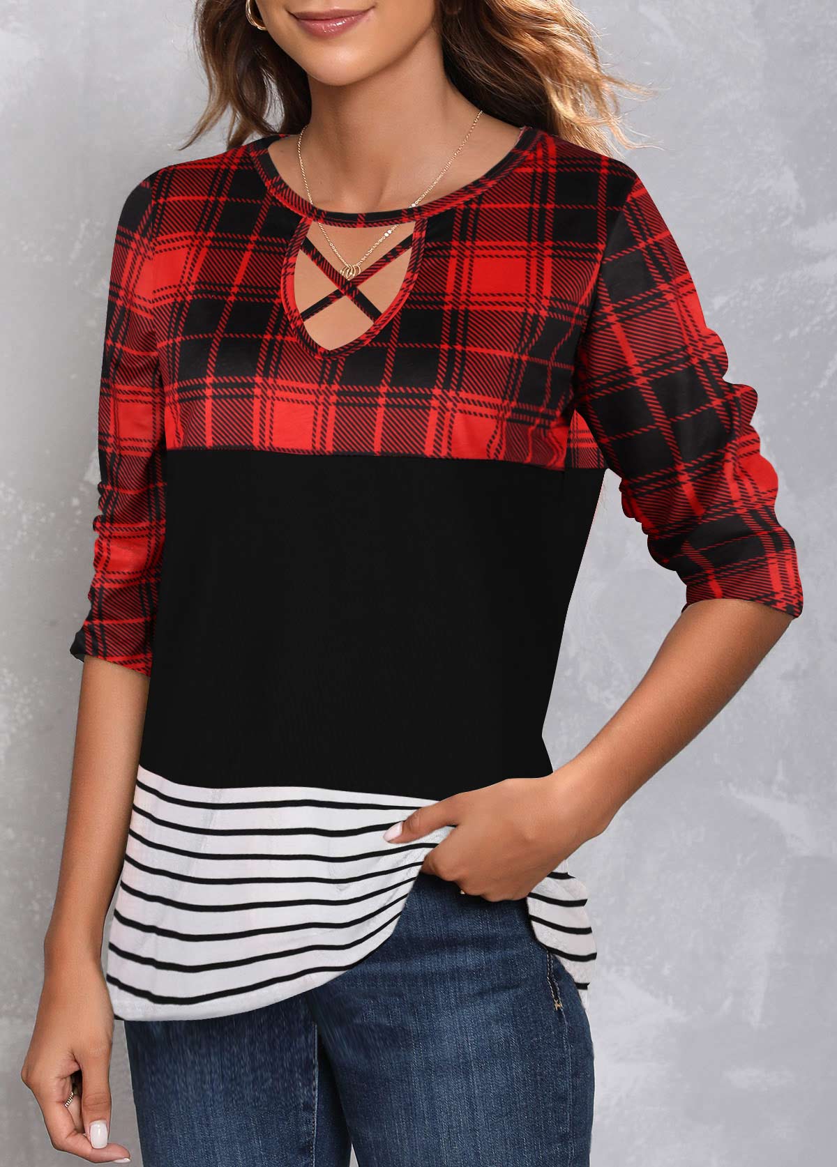 Red tops,Plaid tops,Striped tops,Patchwork Plaid Red Round Neck T Shirt