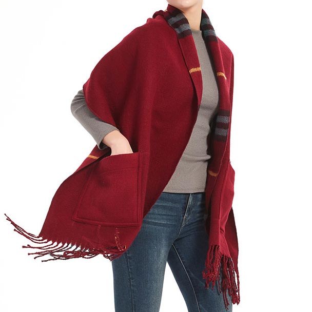 Wine Red accessories,Plaid accessories,Geometric accessories,Striped accessories,Plaid Wine Pocket Tassel Red Shawl