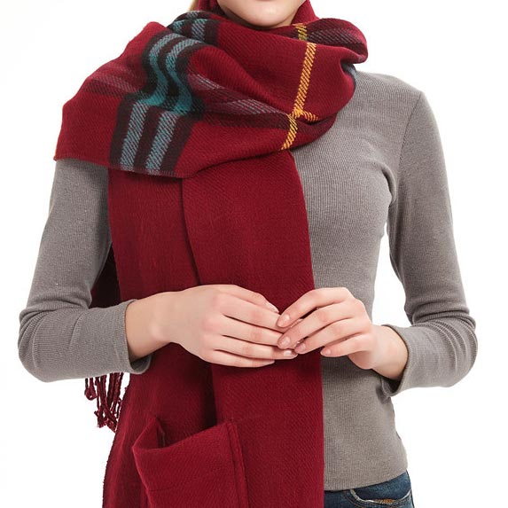 Wine Red accessories,Plaid accessories,Geometric accessories,Striped accessories,Plaid Wine Pocket Tassel Red Shawl