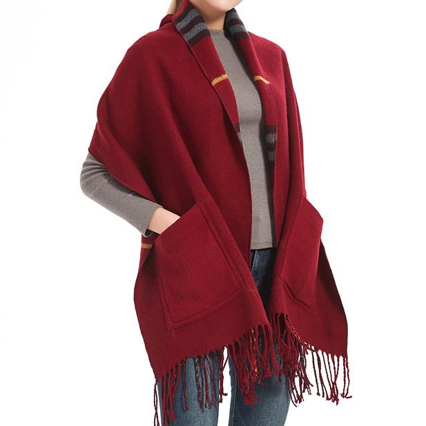 Wine Red accessories,Plaid accessories,Geometric accessories,Striped accessories,Plaid Wine Pocket Tassel Red Shawl