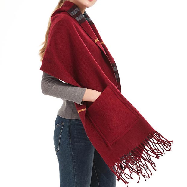 Wine Red accessories,Plaid accessories,Geometric accessories,Striped accessories,Plaid Wine Pocket Tassel Red Shawl