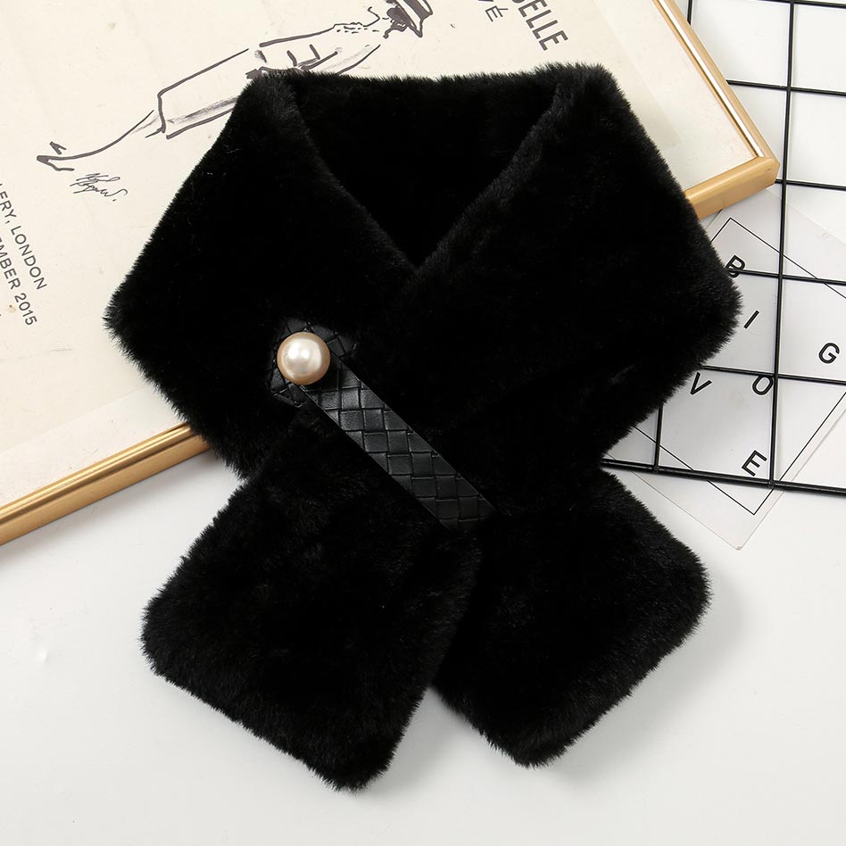 Black accessories,Plain Color accessories,Pearl Design Black Faux Fur Scarf