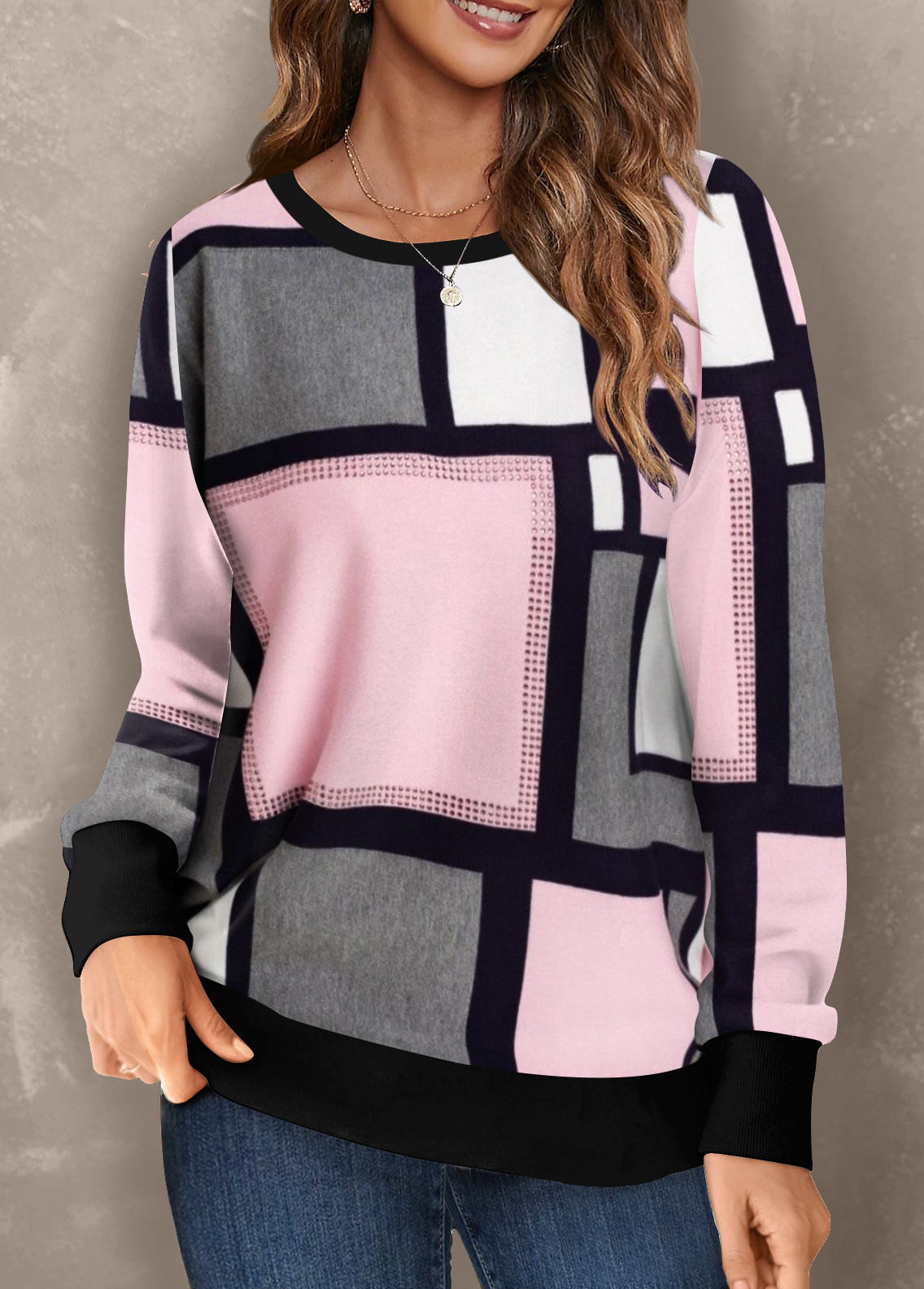 Light Pink tops,Geometric tops,Striped tops,ROTITA Hot Drilling Geometric Print Light Pink Sweatshirt