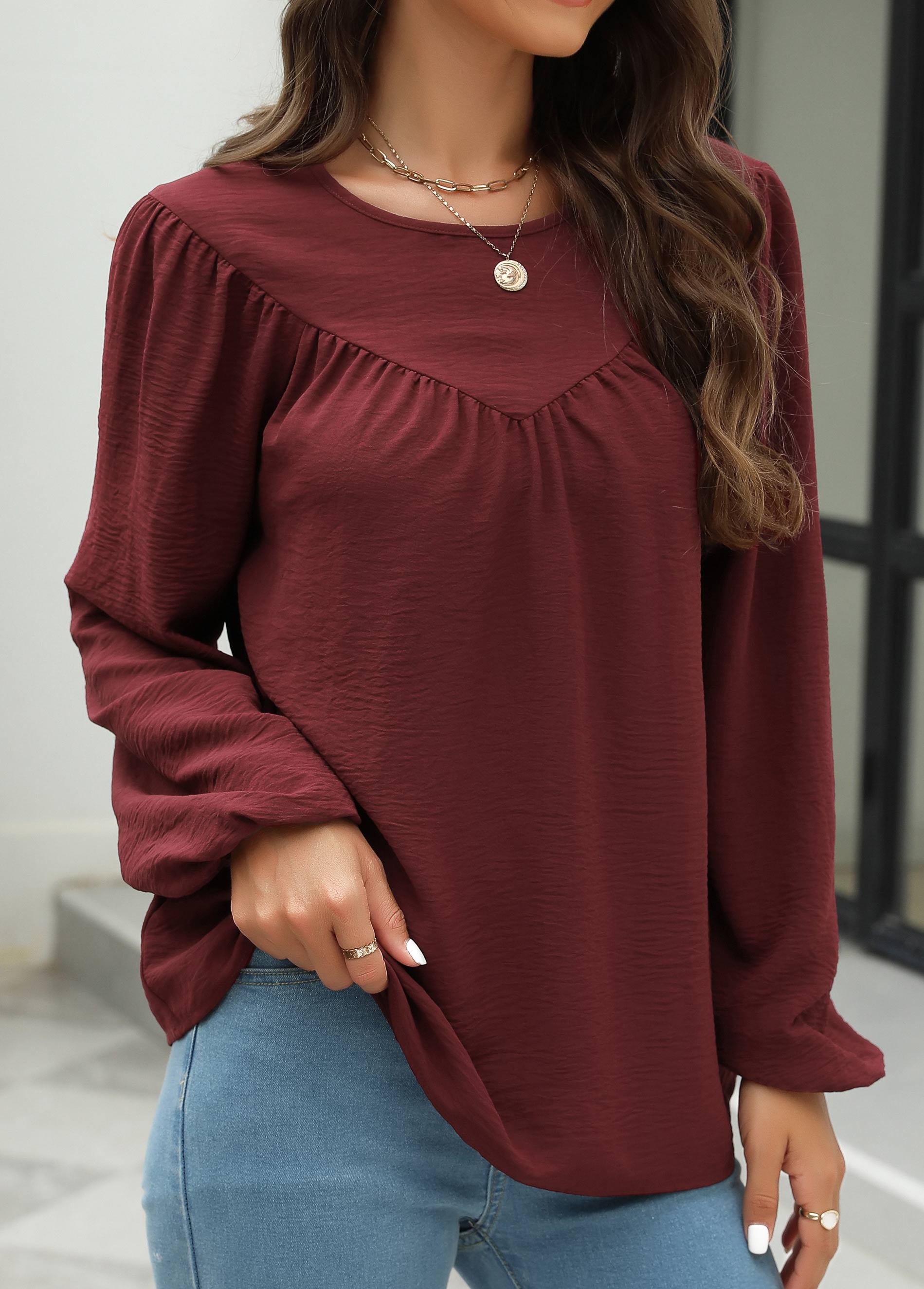 Wine Red tops,Plain Color tops,Wine Red Round Neck Long Sleeve Blouse