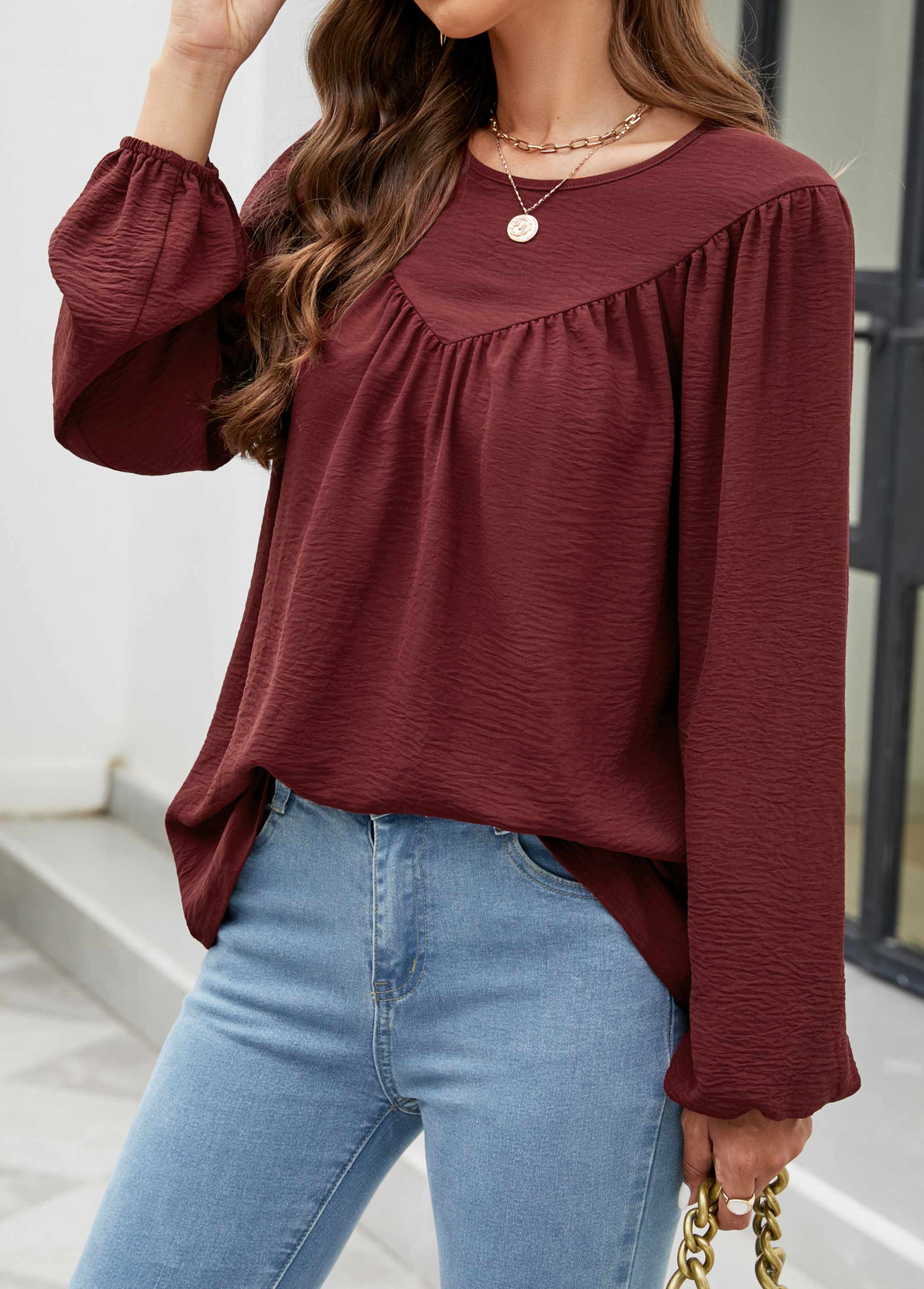 Wine Red tops,Plain Color tops,Wine Red Round Neck Long Sleeve Blouse