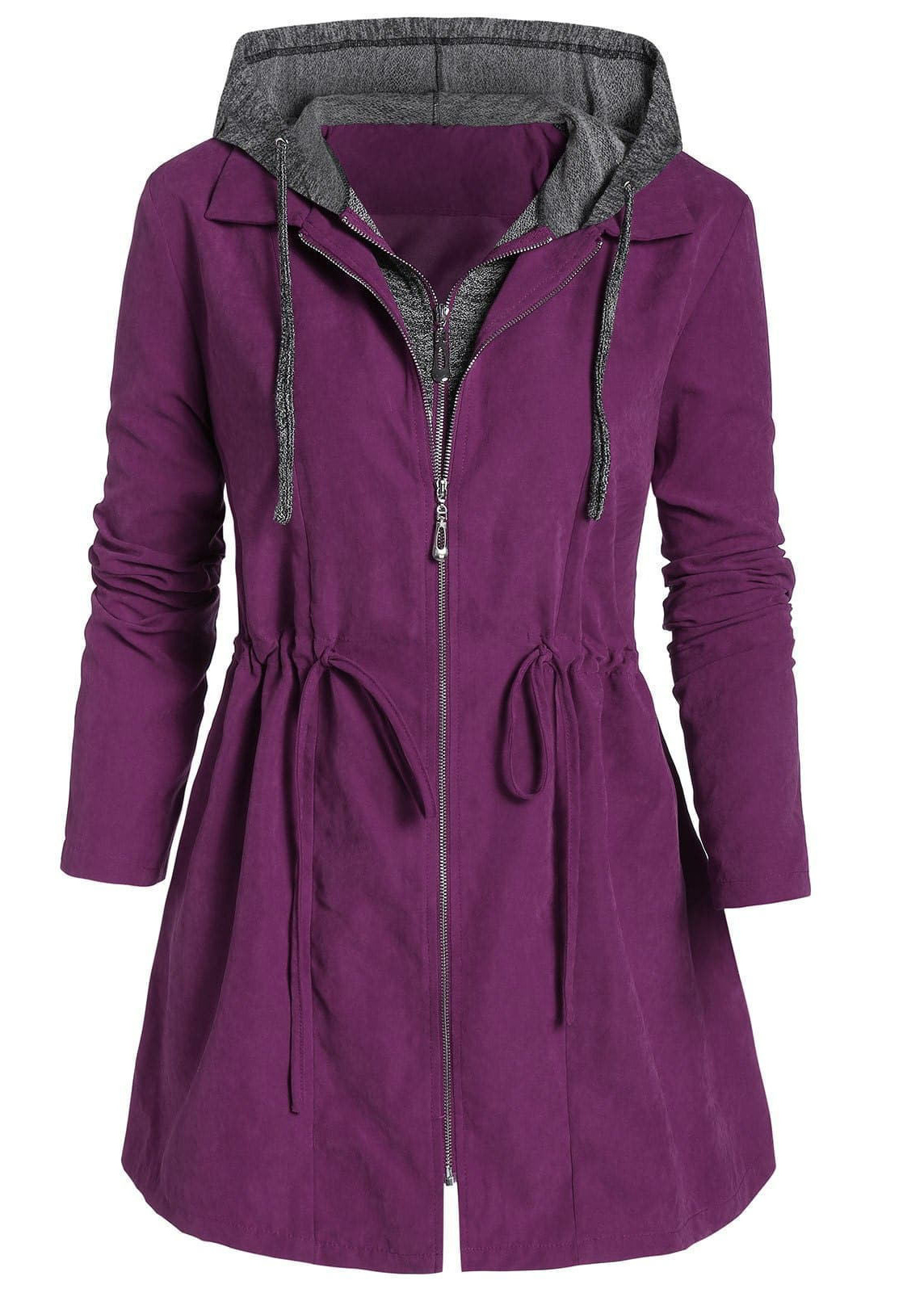 Plus Size Drawstring Violet Hooded Long Sleeve Coat