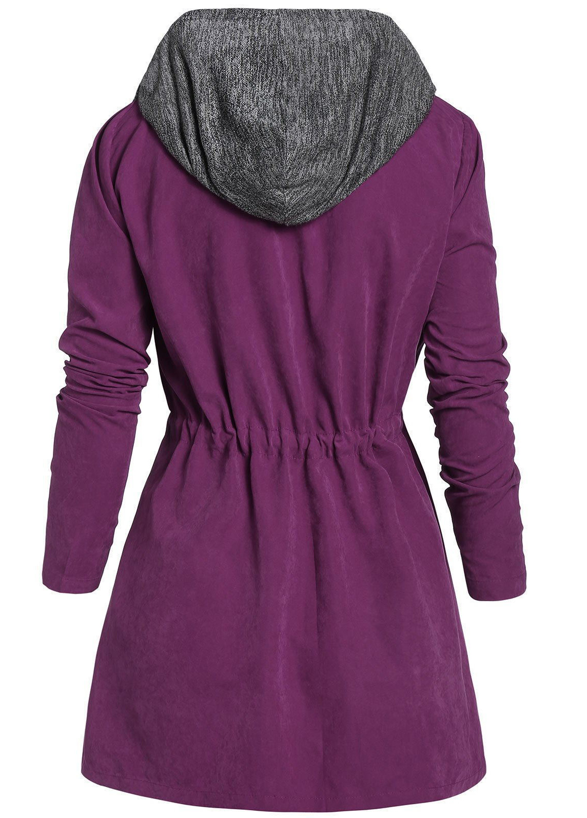 Violet plus size,Contrast Color plus size,Plus Size Drawstring Violet Hooded Long Sleeve Coat