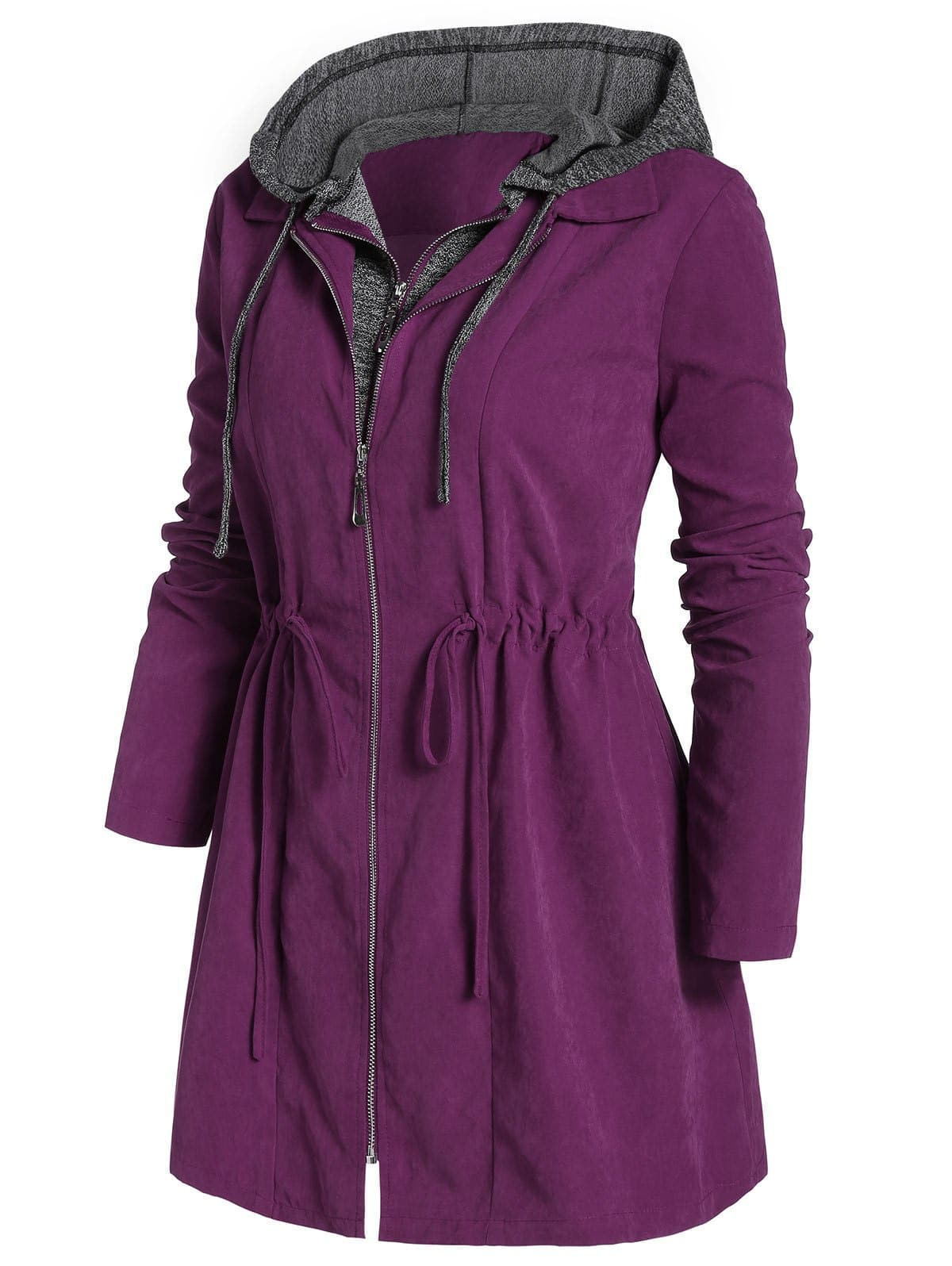 Violet plus size,Contrast Color plus size,Plus Size Drawstring Violet Hooded Long Sleeve Coat