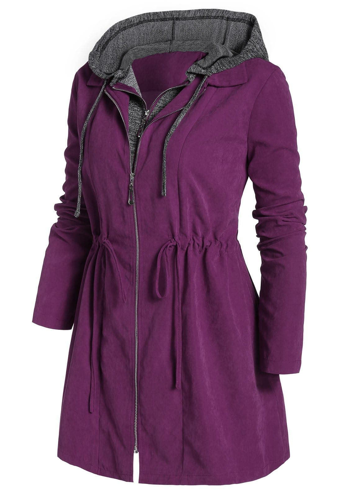 Violet plus size,Contrast Color plus size,Plus Size Drawstring Violet Hooded Long Sleeve Coat