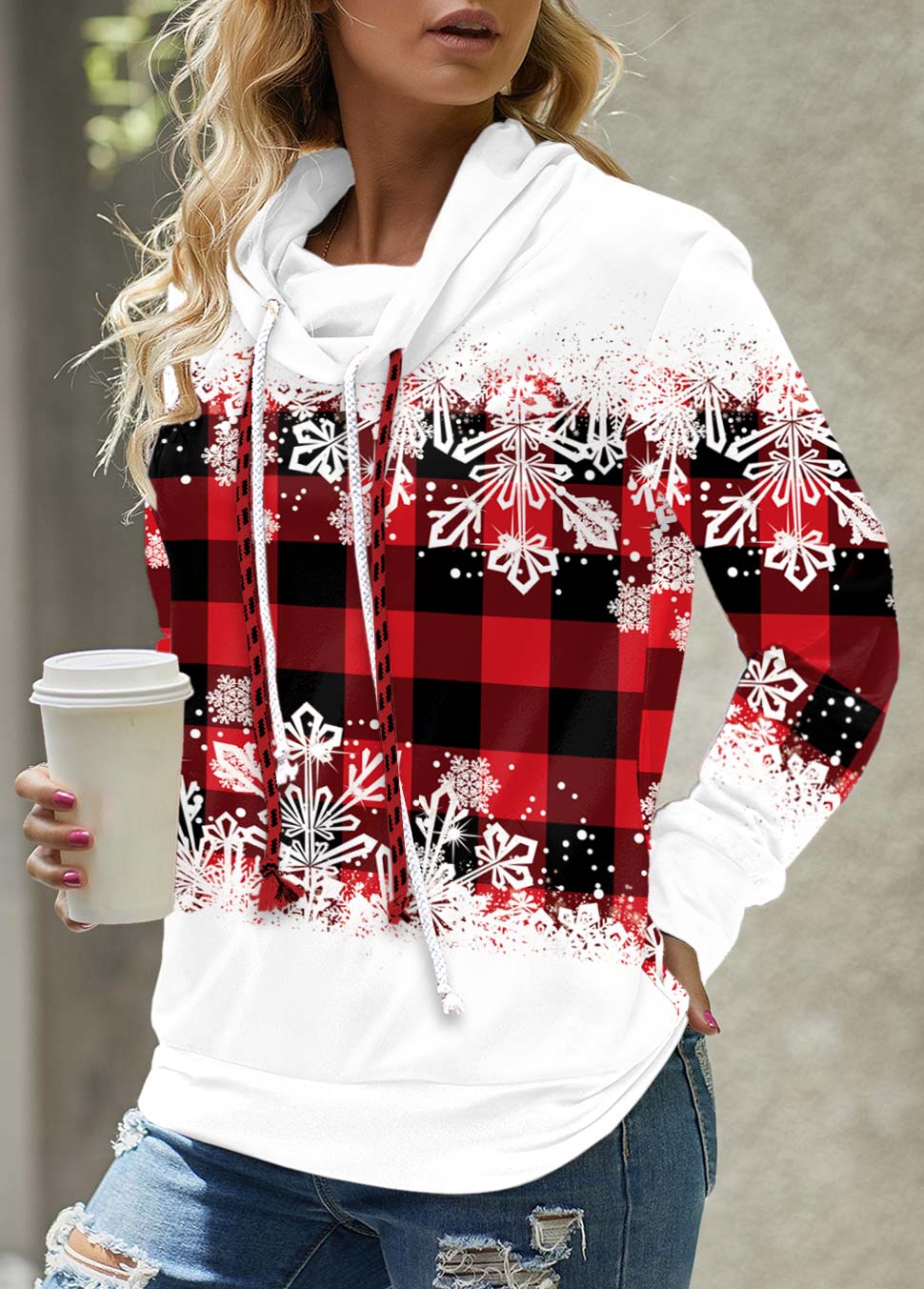 Red plus size,Plaid plus size,Geometric plus size,Ombre plus size,ROTITA Plus Size Plaid Red Cowl Neck Long Sleeve Sweatshirt