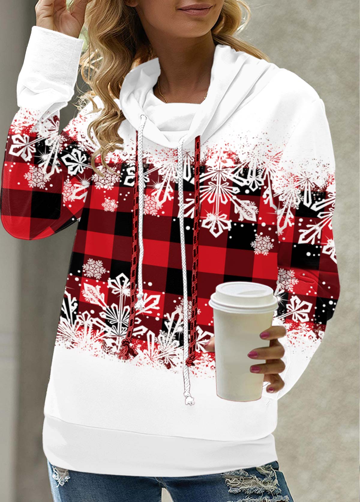 Red plus size,Plaid plus size,Geometric plus size,Ombre plus size,ROTITA Plus Size Plaid Red Cowl Neck Long Sleeve Sweatshirt