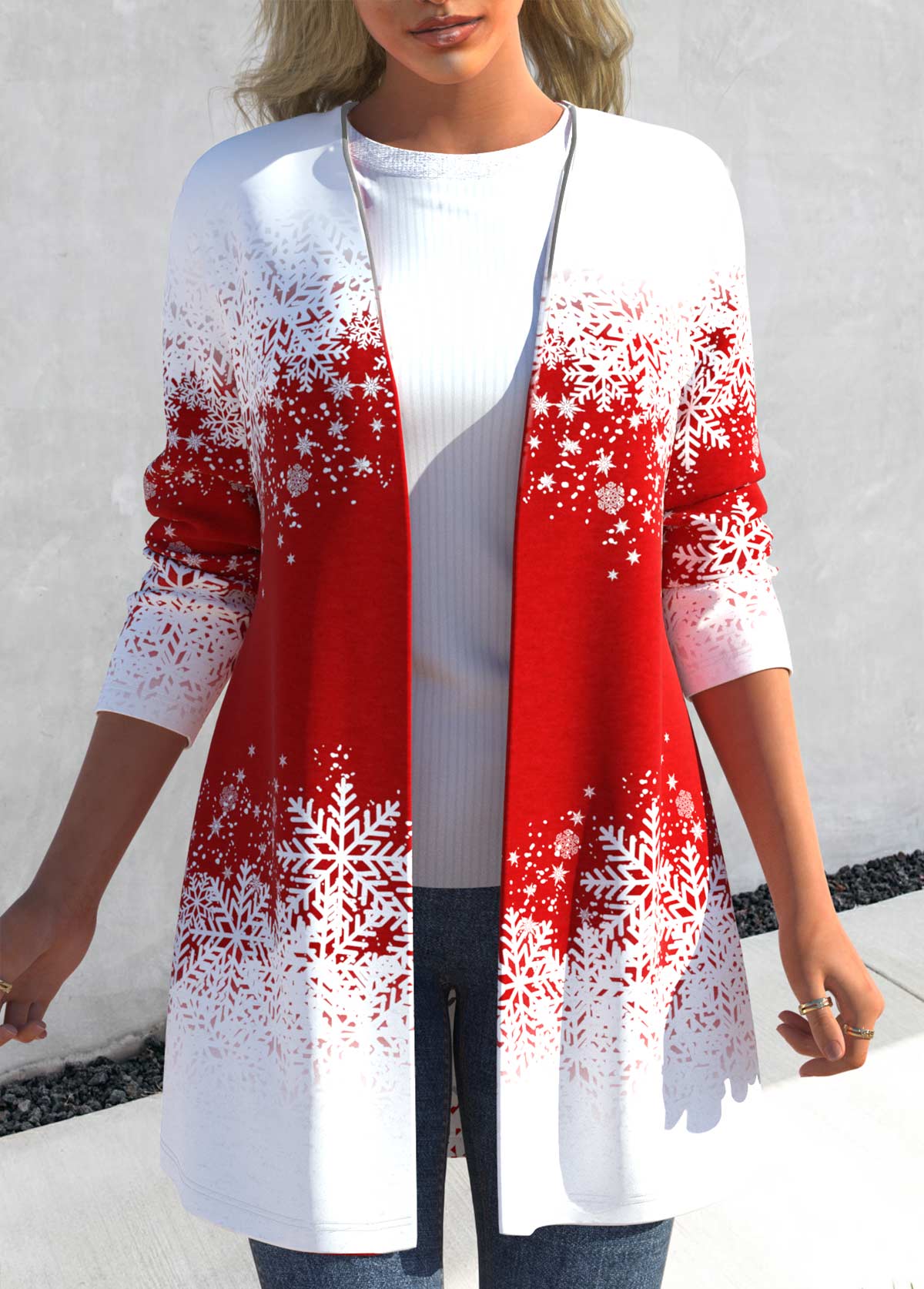 Red outerwear & coats,Christmas outerwear & coats,Ombre outerwear & coats,ROTITA Christmas Snowflake Print Long Sleeve Red Coat