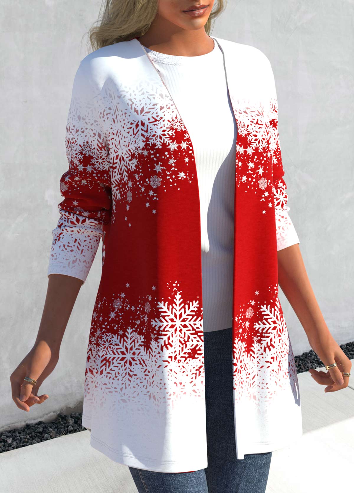 Red outerwear & coats,Christmas outerwear & coats,Ombre outerwear & coats,ROTITA Christmas Snowflake Print Long Sleeve Red Coat