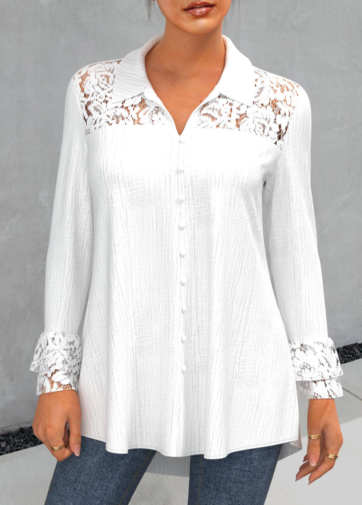 White plus size,Plain Color plus size,ROTITA Plus Size Lace Stitching Turndown Collar White Blouse