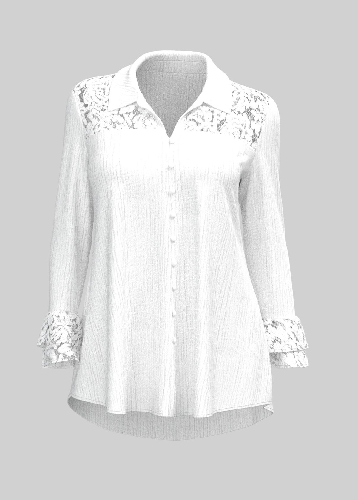 White plus size,Plain Color plus size,ROTITA Plus Size Lace Stitching Turndown Collar White Blouse